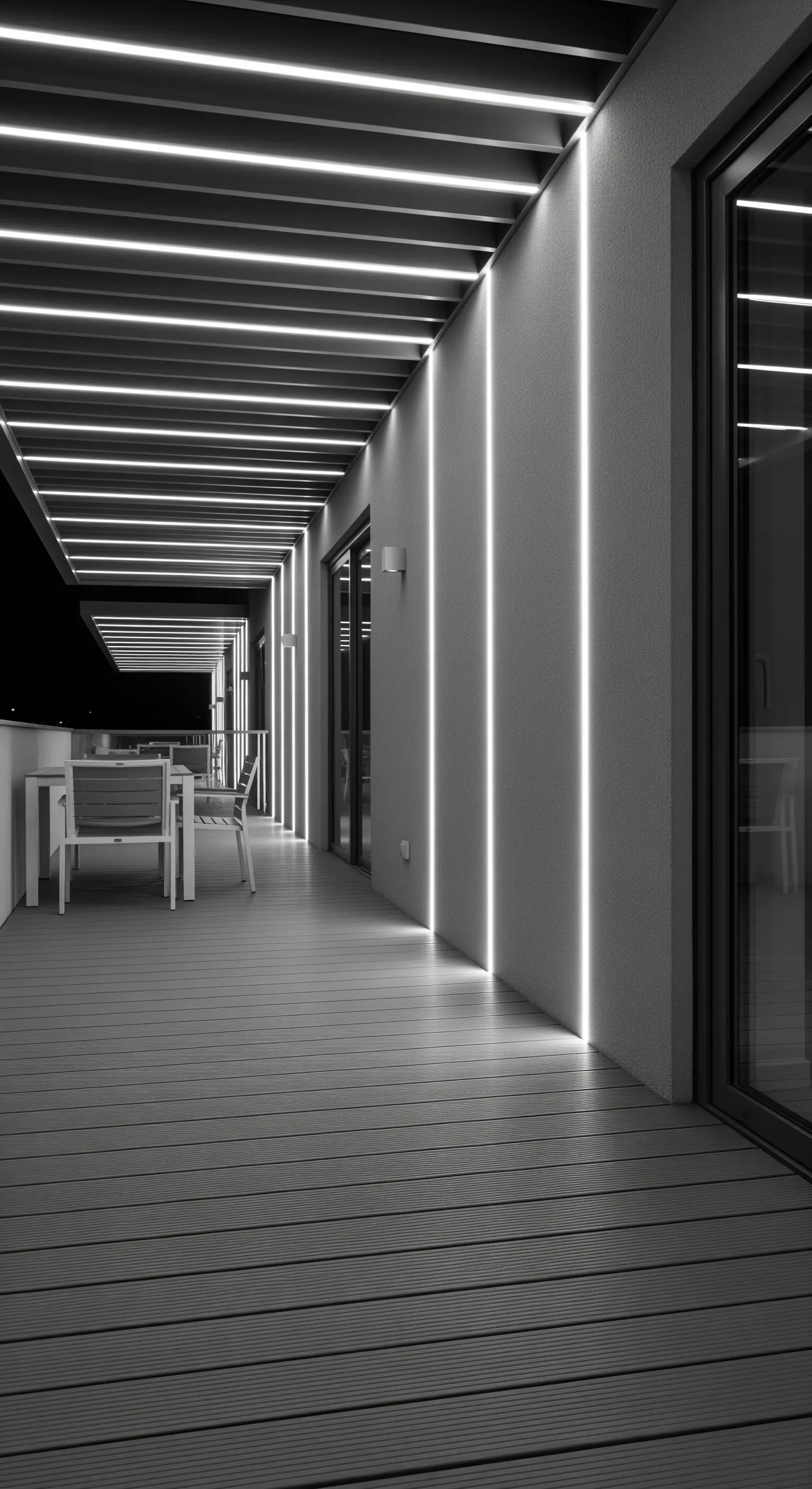 Balcone lungo con strisce LED verticali sulle pareti e orizzontali sul soffitto