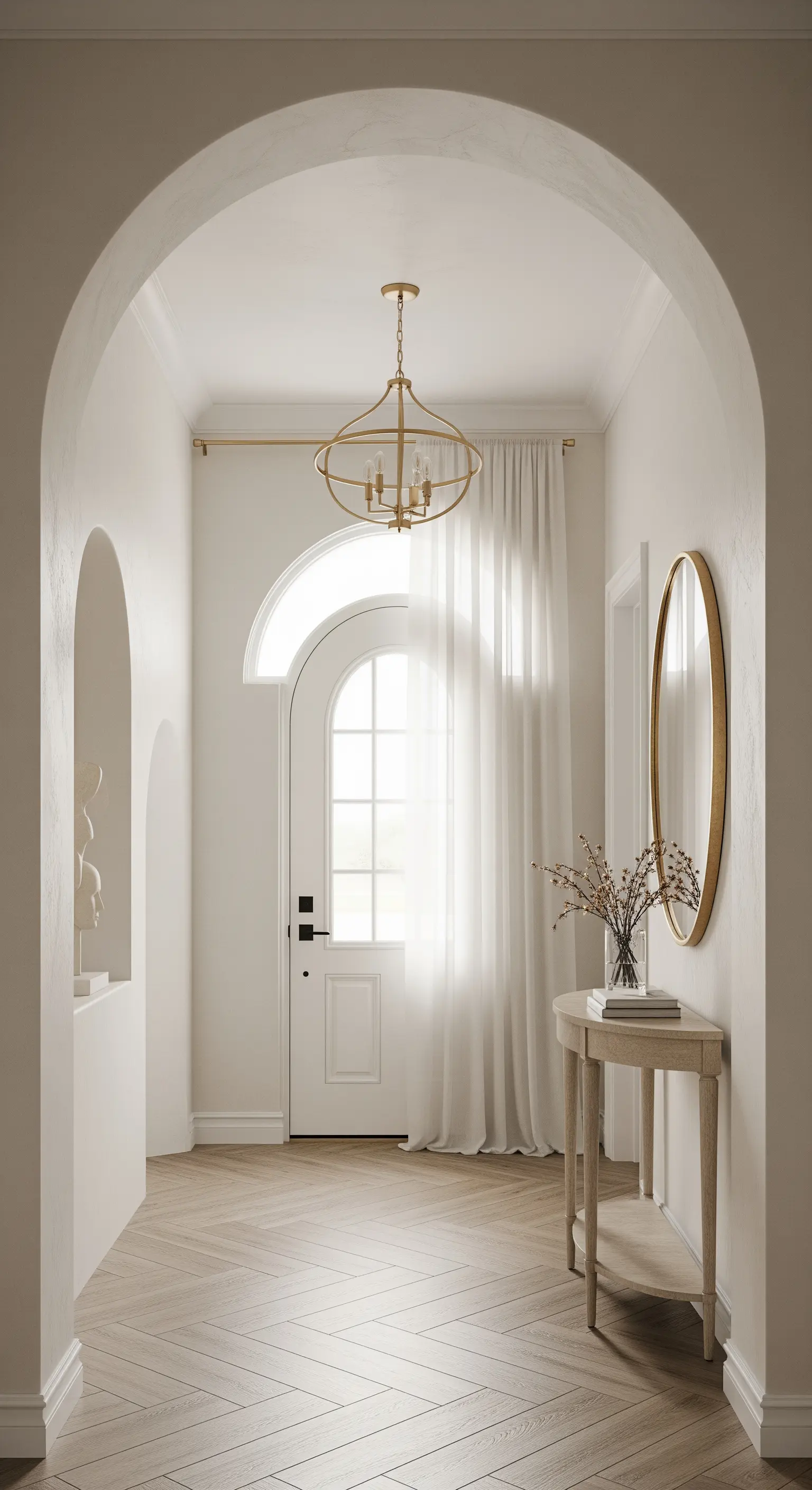 Ingresso con porta ad arco, tenda bianca su bastone dorato e lampadario circolare in oro.