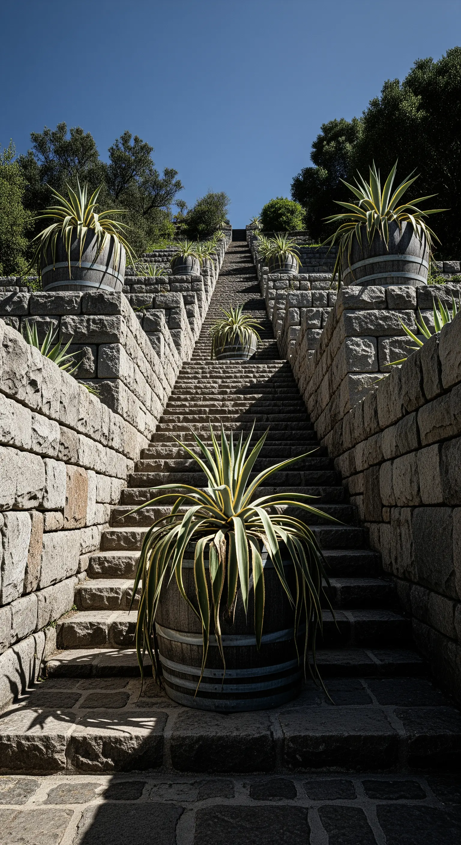 Lunga e ripida scalinata in pietra fiancheggiata da fioriere a botte con piante di agave.