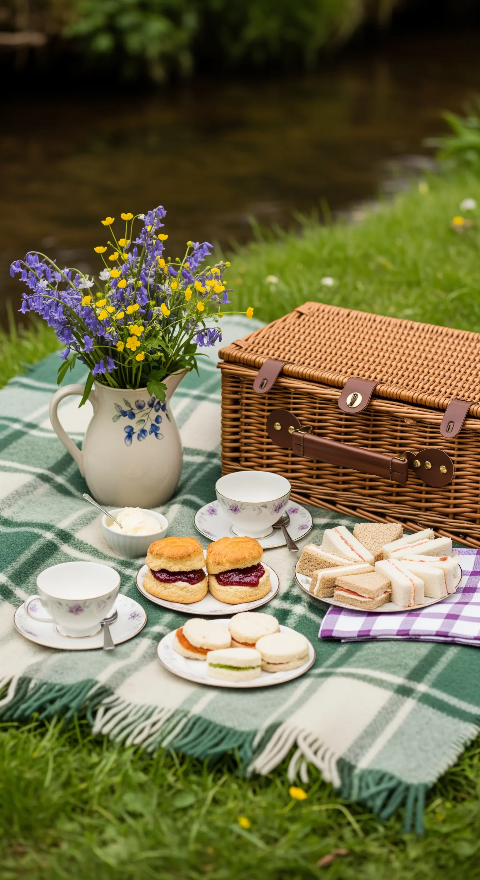 Picnic in stile inglese con servizio da tè in porcellana, scones e coperta verde