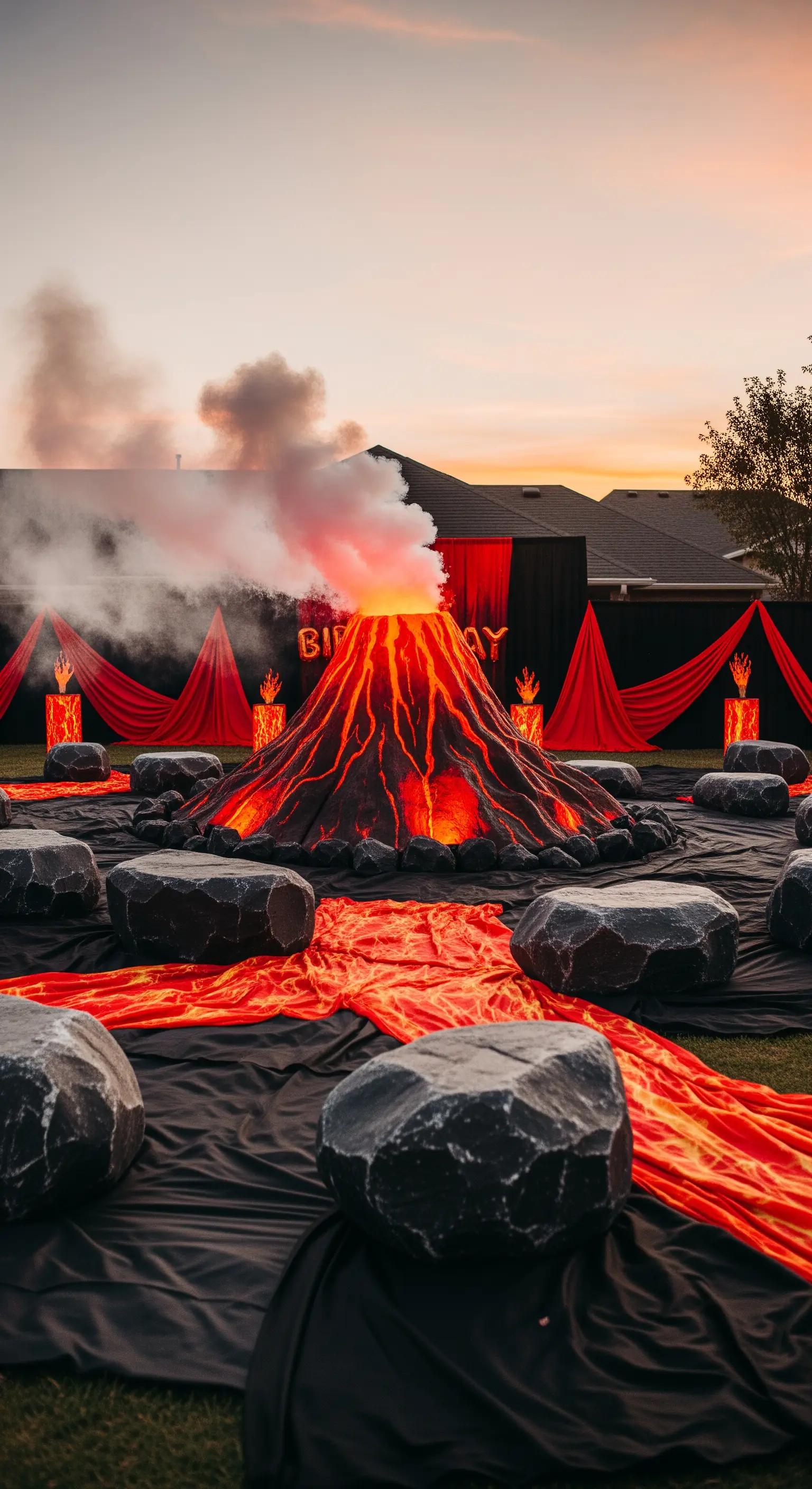 Grande vulcano fumante al centro di un giardino, con fiumi di lava in tessuto.