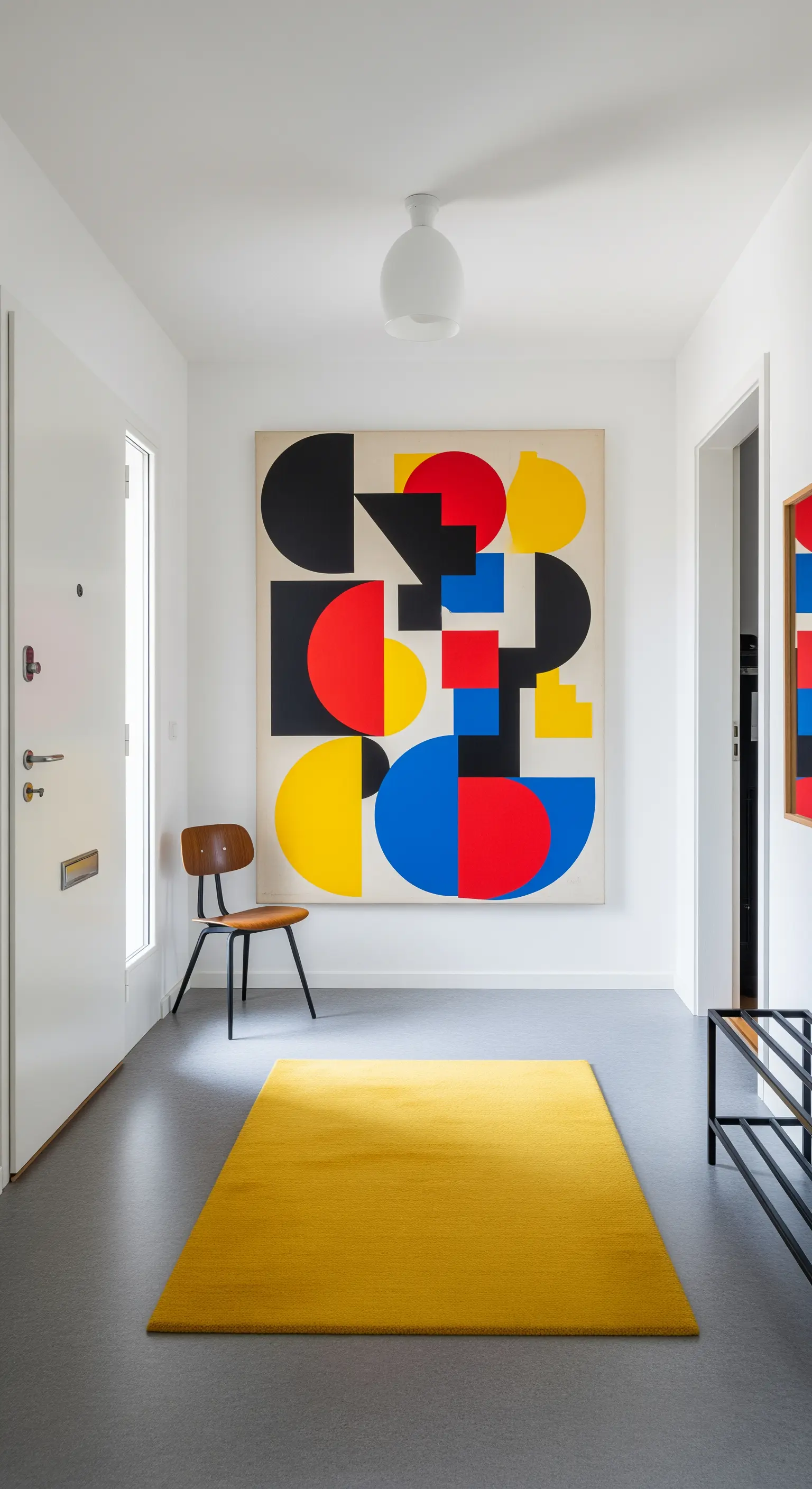 Ingresso minimalista con quadro astratto in stile Bauhaus e un tappeto giallo senape.