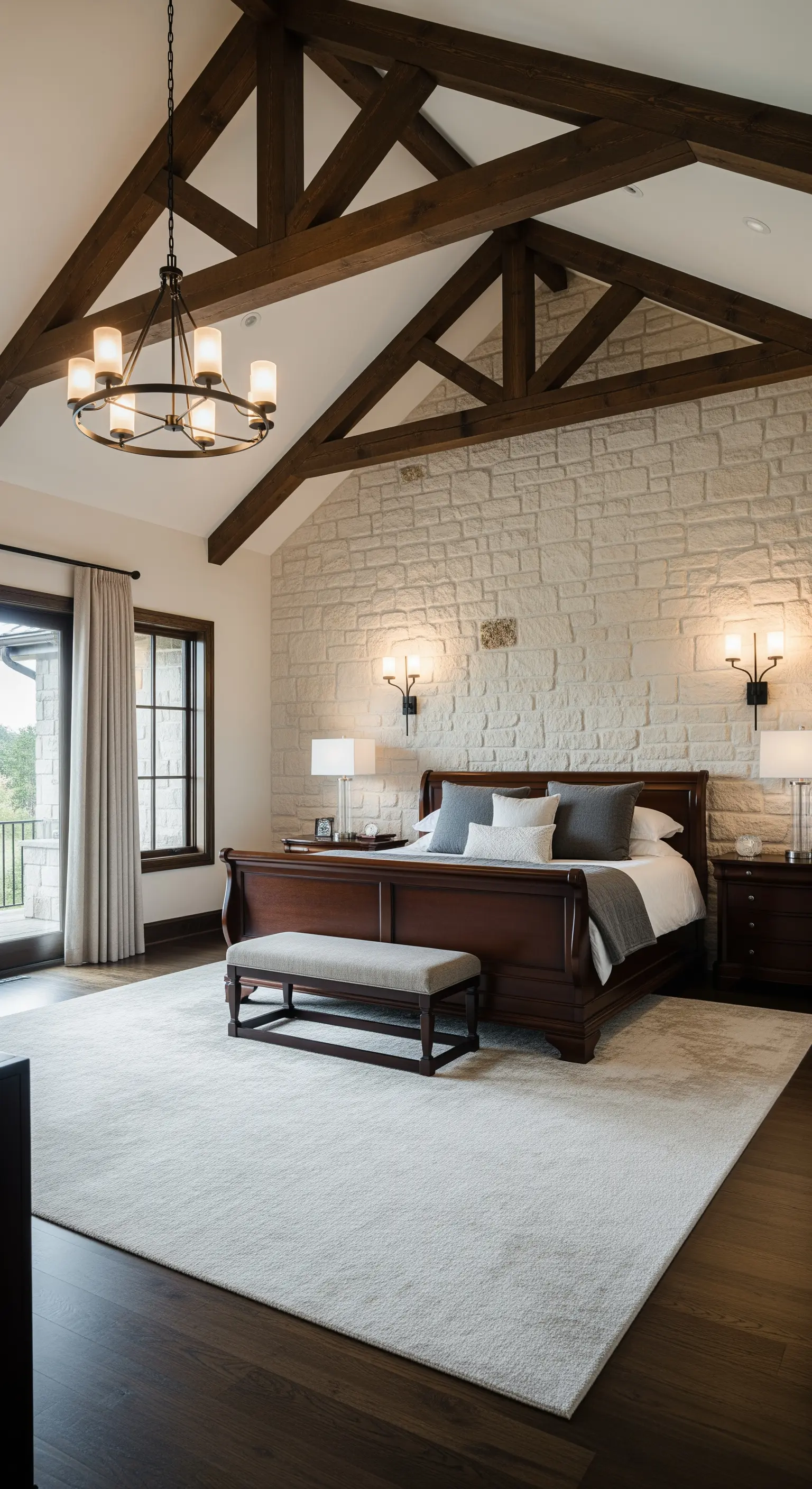 Camera da letto elegante con soffitto a capriate, parete in pietra chiara e letto classico in legno.