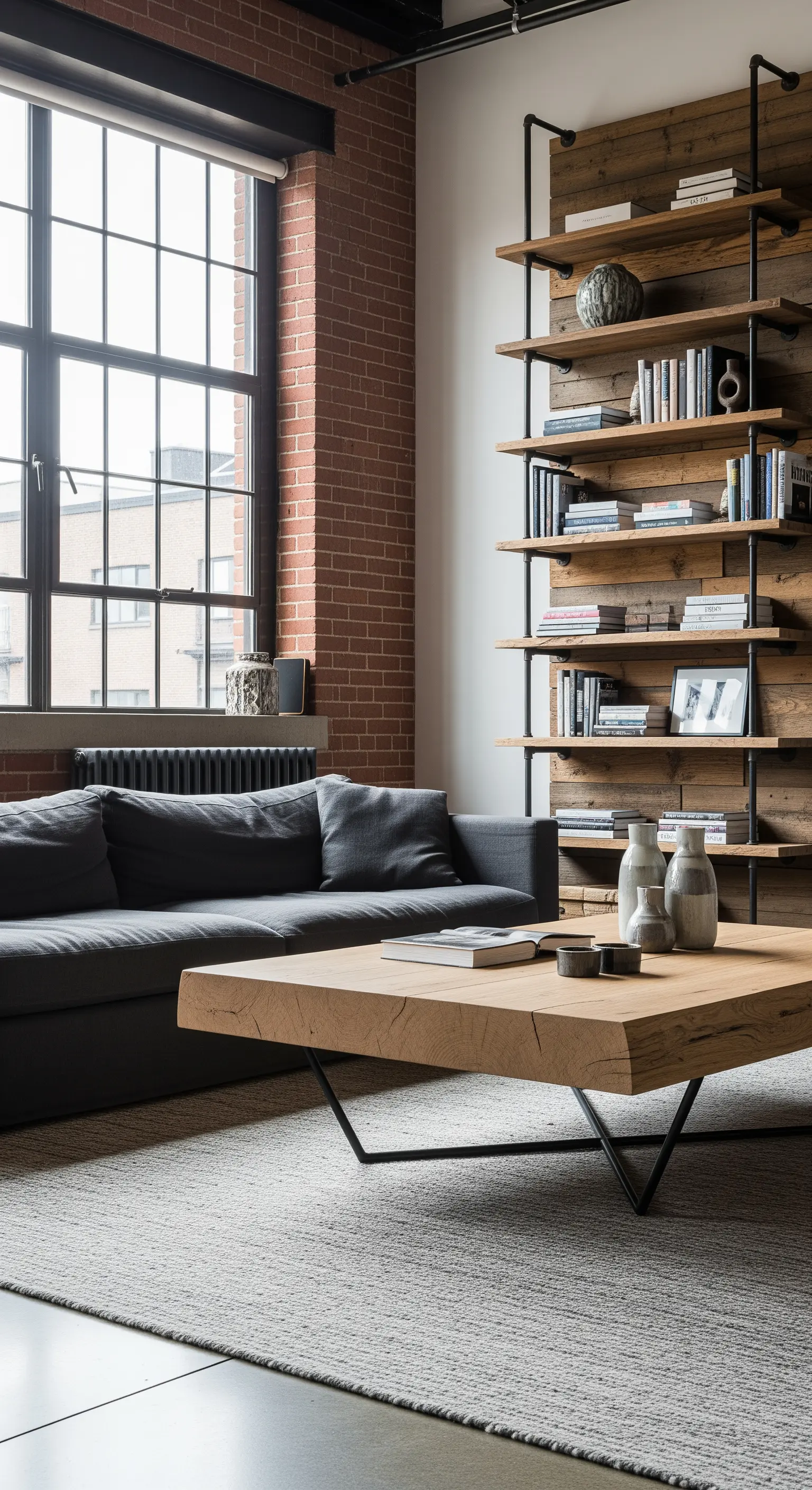 Soggiorno stile industrial con libreria in metallo e legno, tavolino massiccio e parete in mattoni.