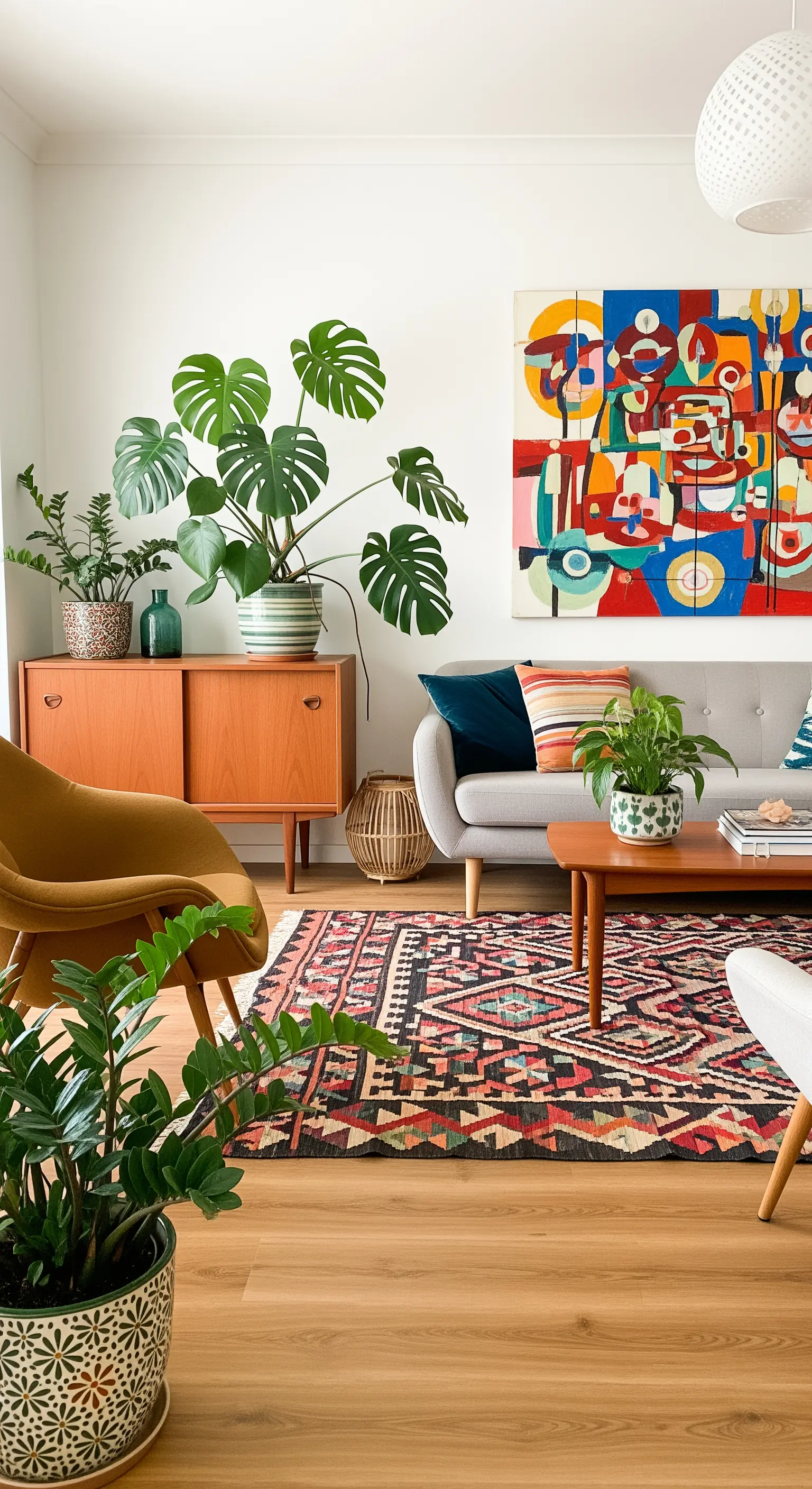 Salotto in stile Mid-Century con credenza in legno, tappeto kilim e un quadro astratto colorato.