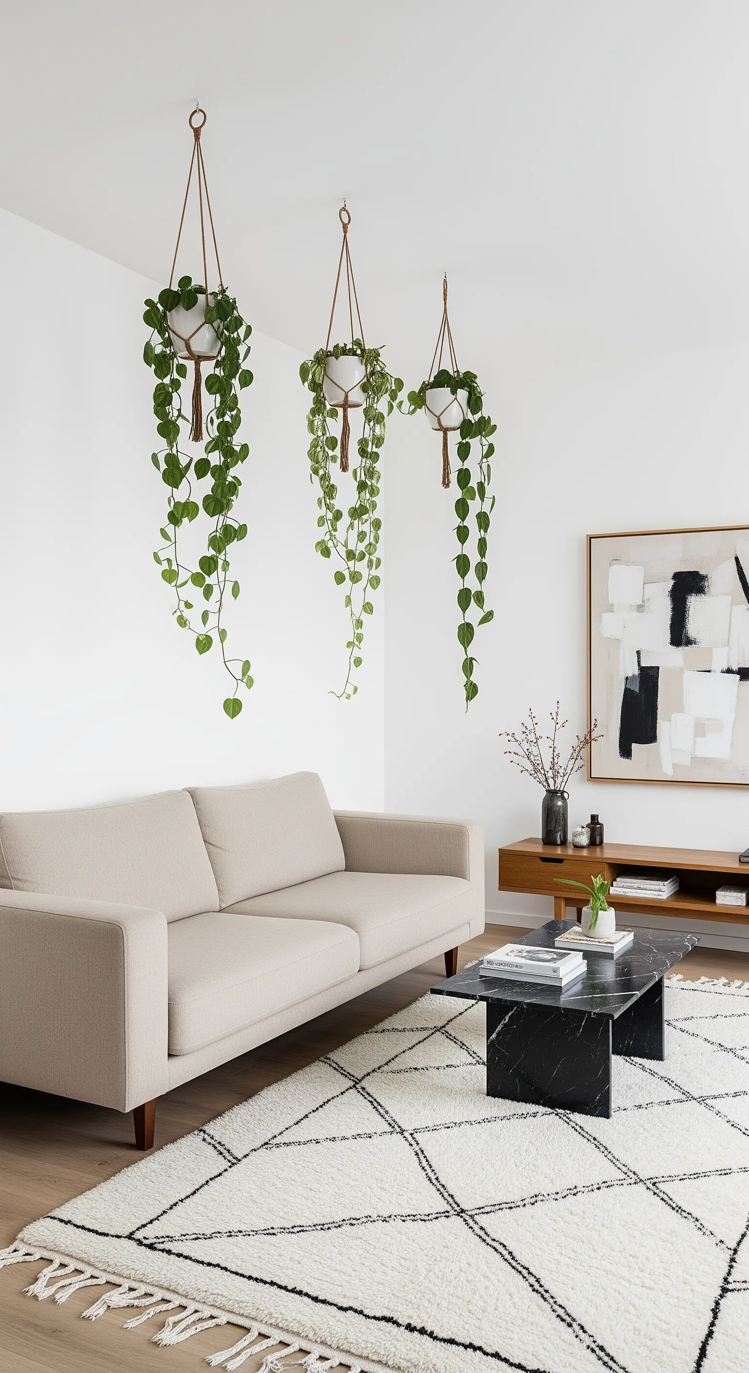 Tre piante di Pothos sospese in linea sopra un divano beige in un salotto minimalista.