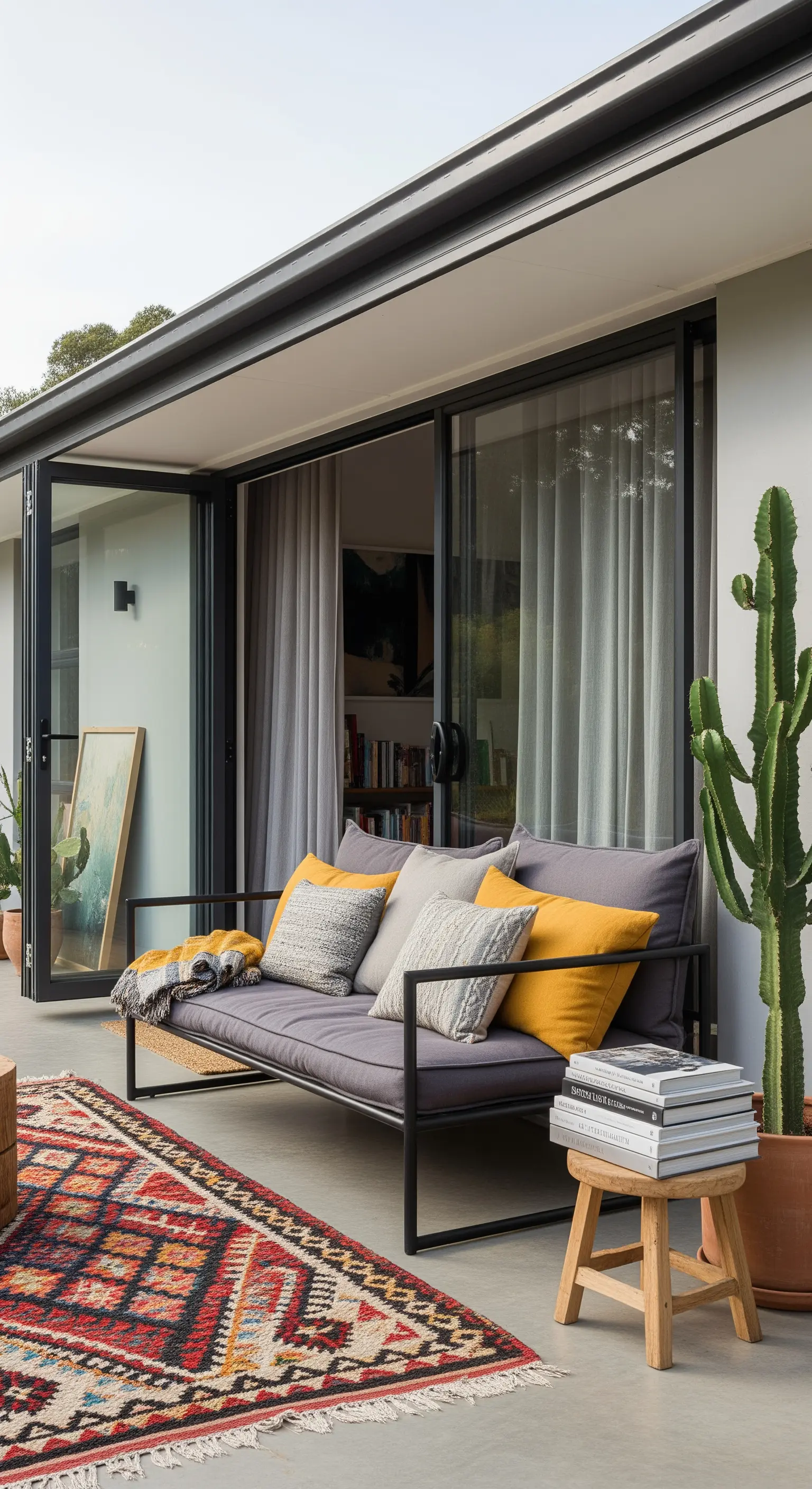 Patio moderno con divano grigio, cuscini gialli e un vivace tappeto kilim a terra.