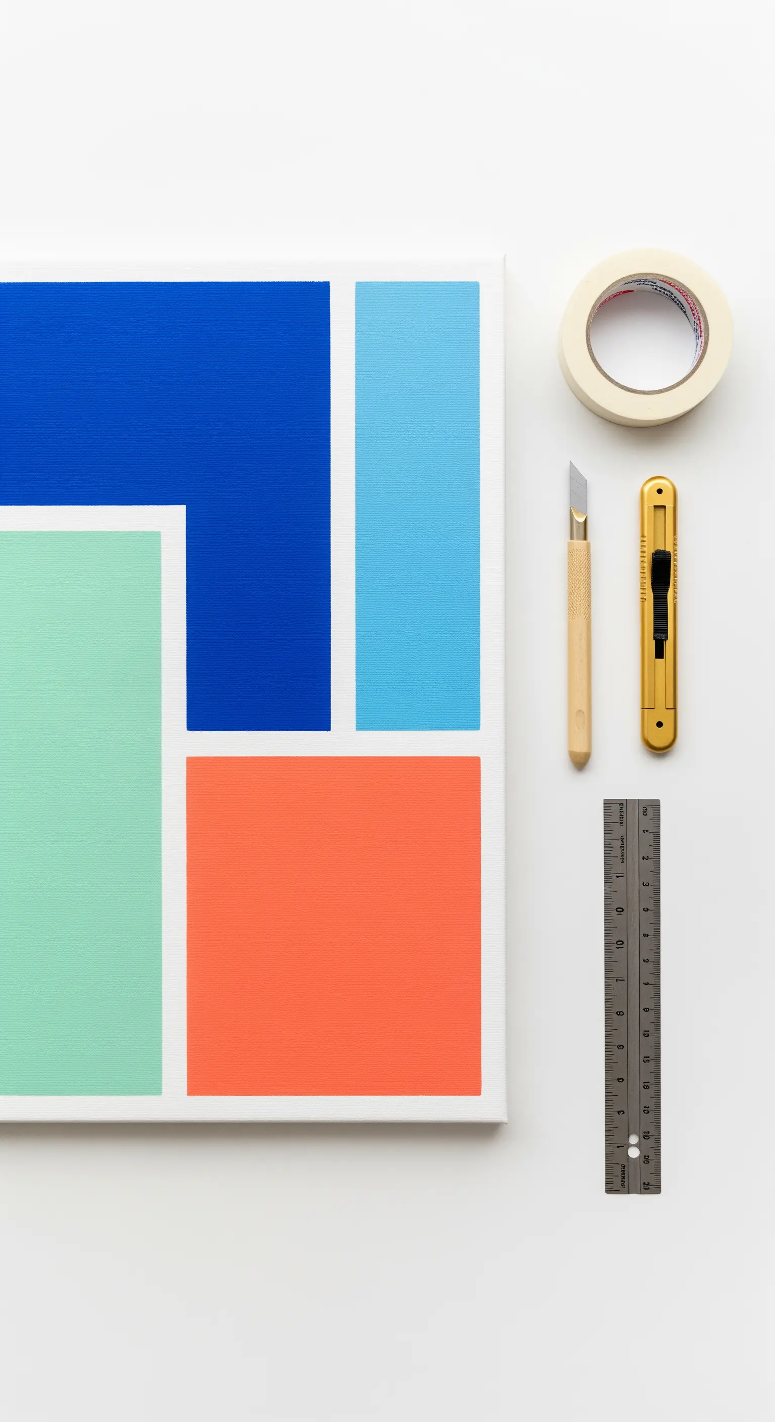 Quadro astratto in stile color blocking con forme geometriche blu, azzurre e arancioni.