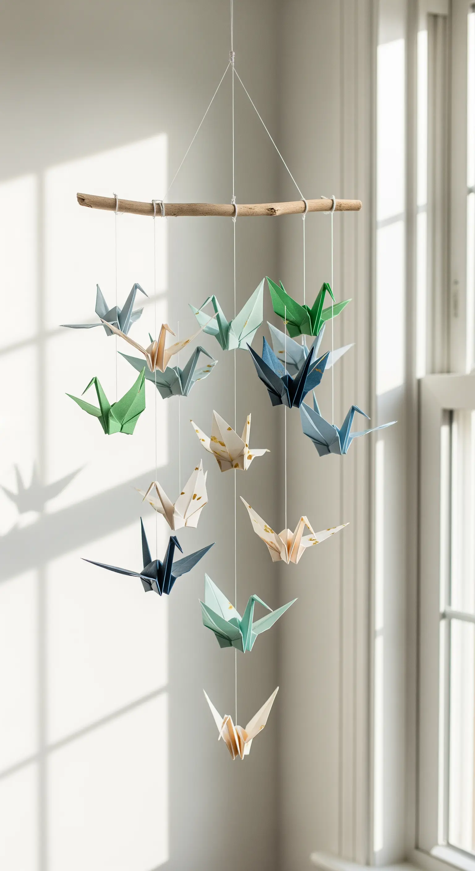 Gru di origami in toni neutri appese a un ramo di legno.