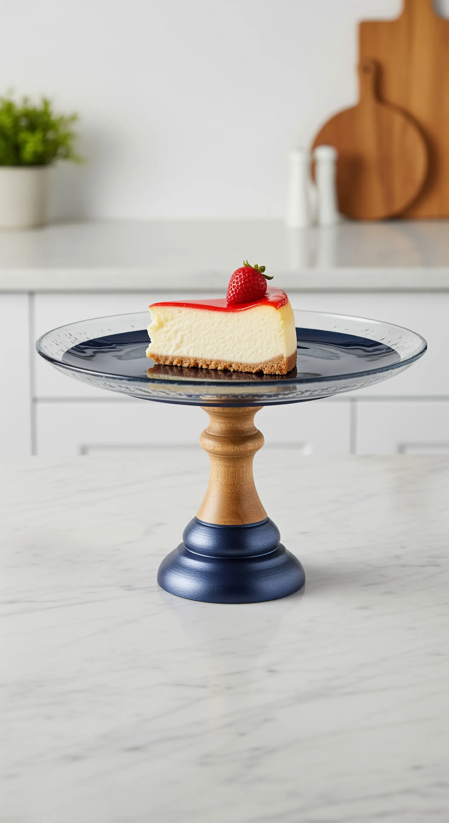 Alzata con base bicolore in legno e blu metallizzato e piatto in vetro blu