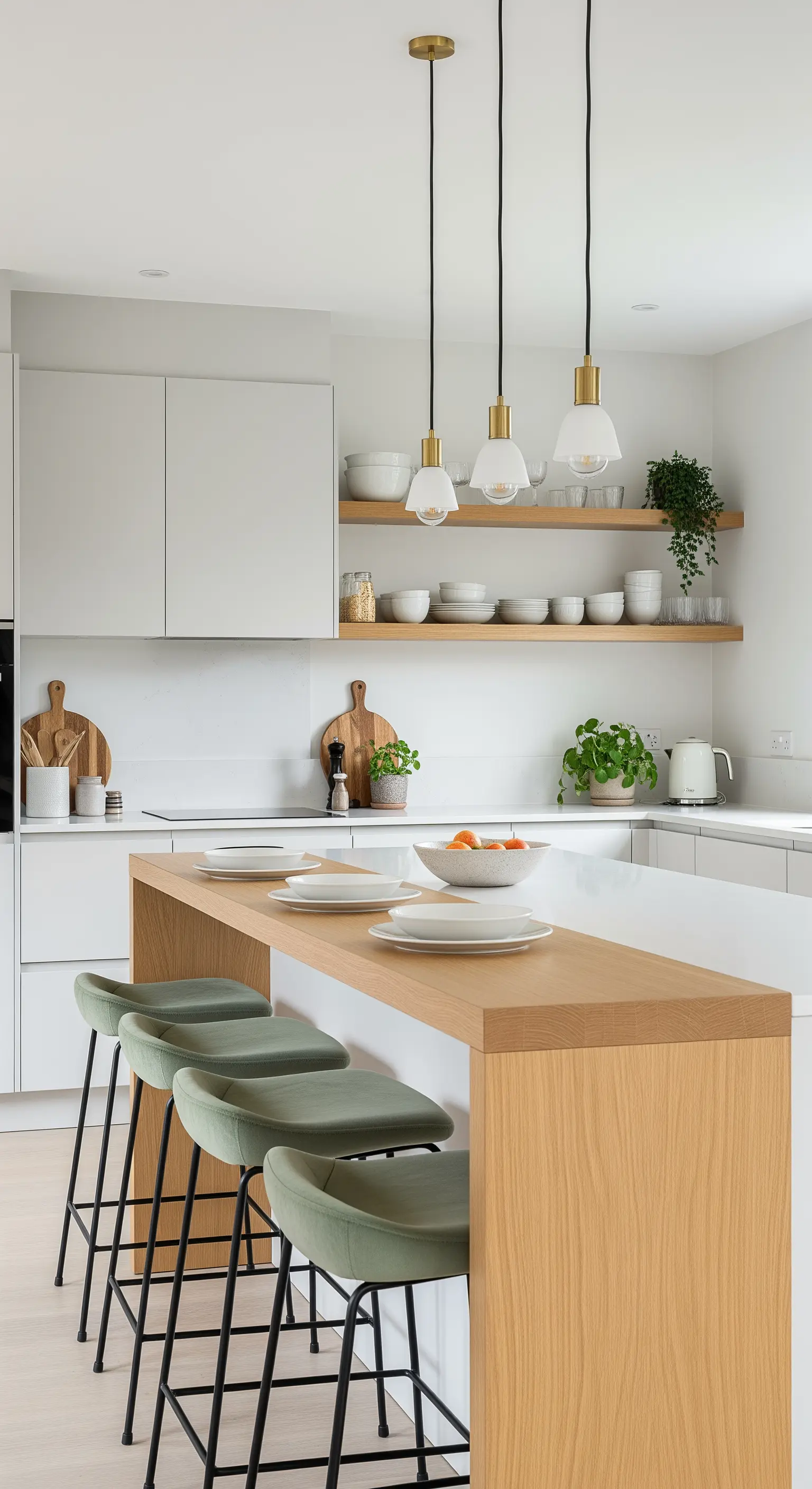 Cucina minimalista con penisola in legno chiaro, sgabelli verde salvia e mensole a vista ordinate