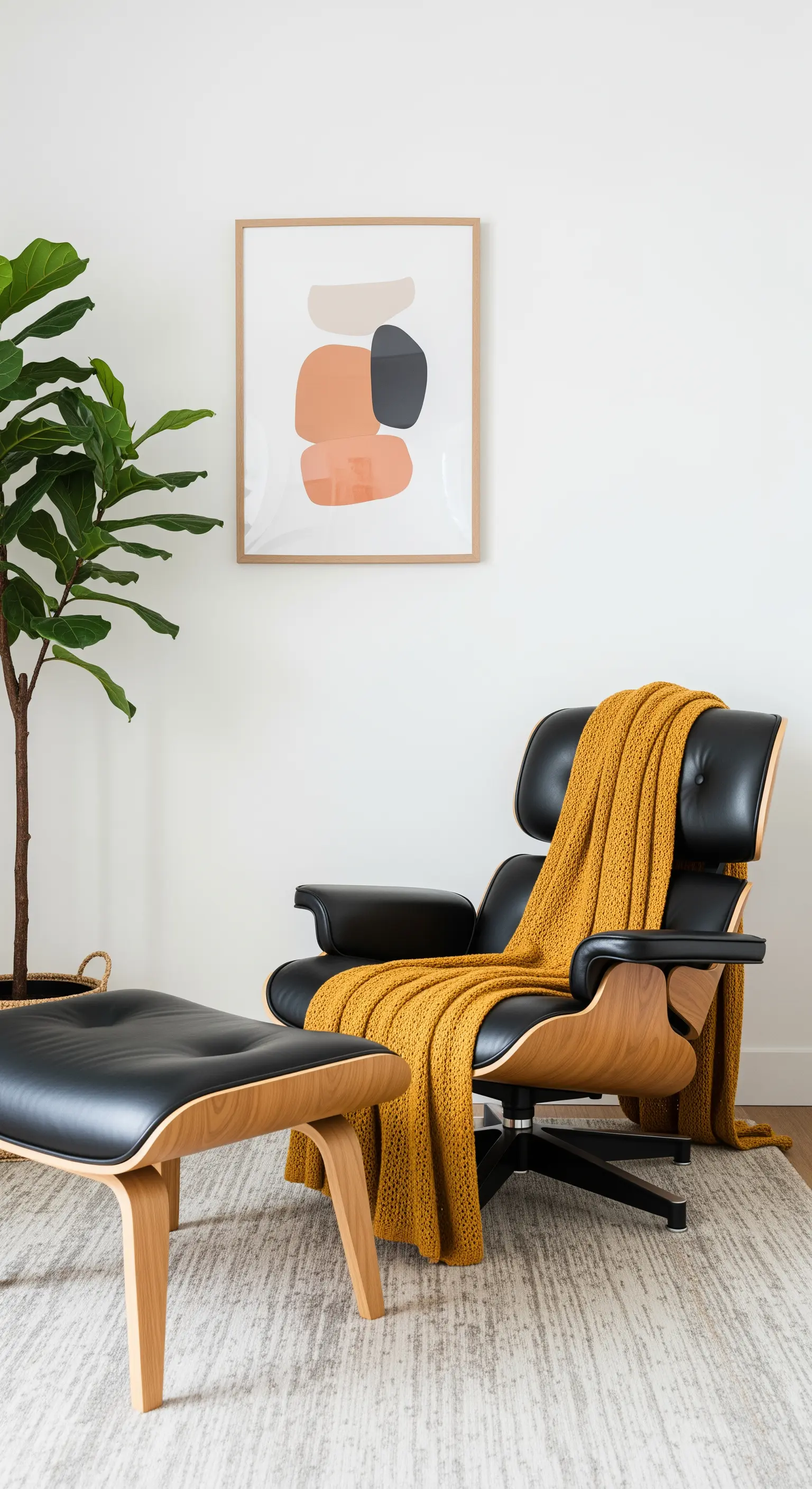 Poltrona lounge in pelle nera con coperta color senape, abbinata a un quadro astratto con le stesse tonalità.