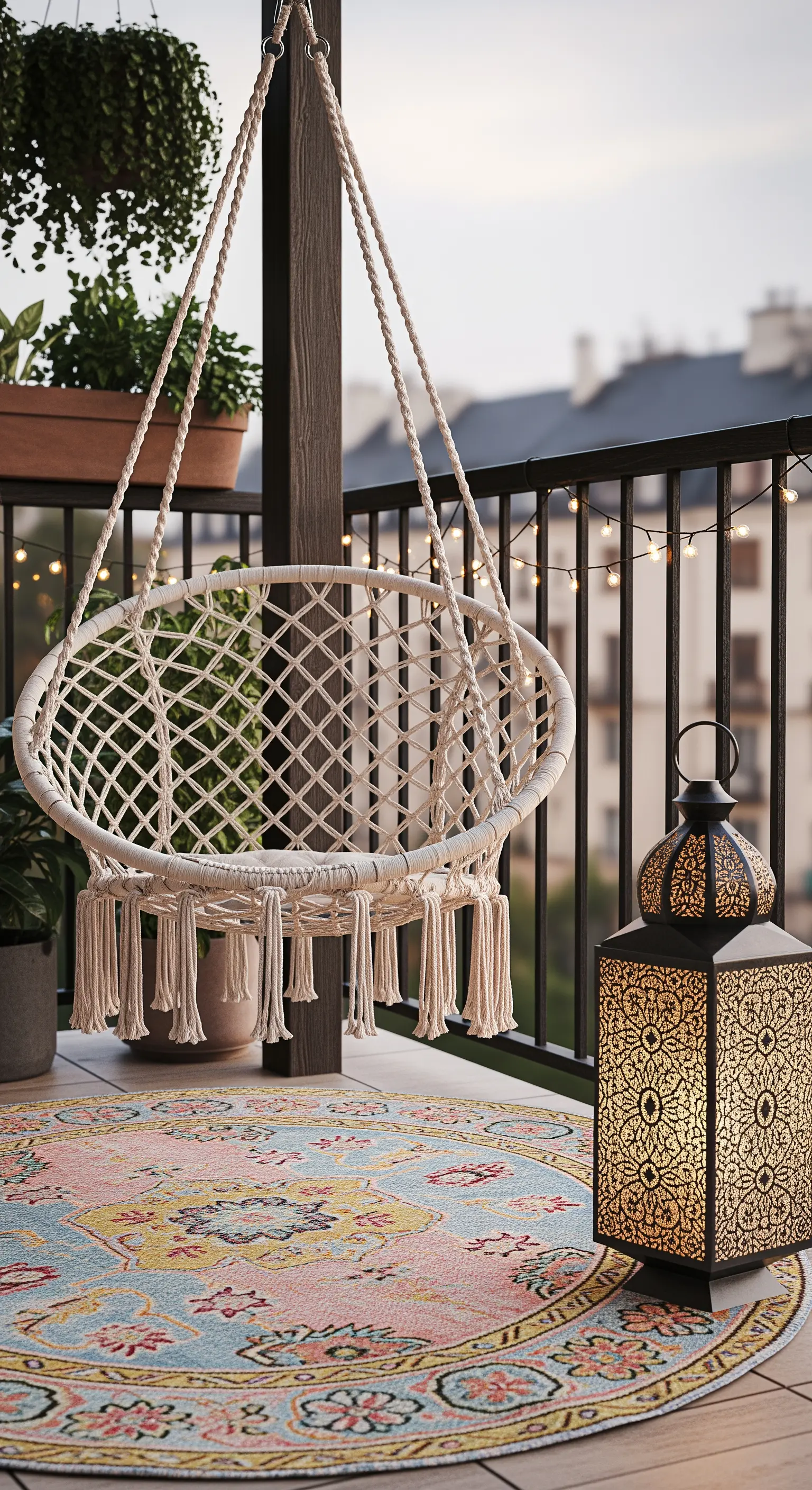 Balcone con sedia sospesa in macramè, tappeto kilim rotondo e grande lanterna da terra.