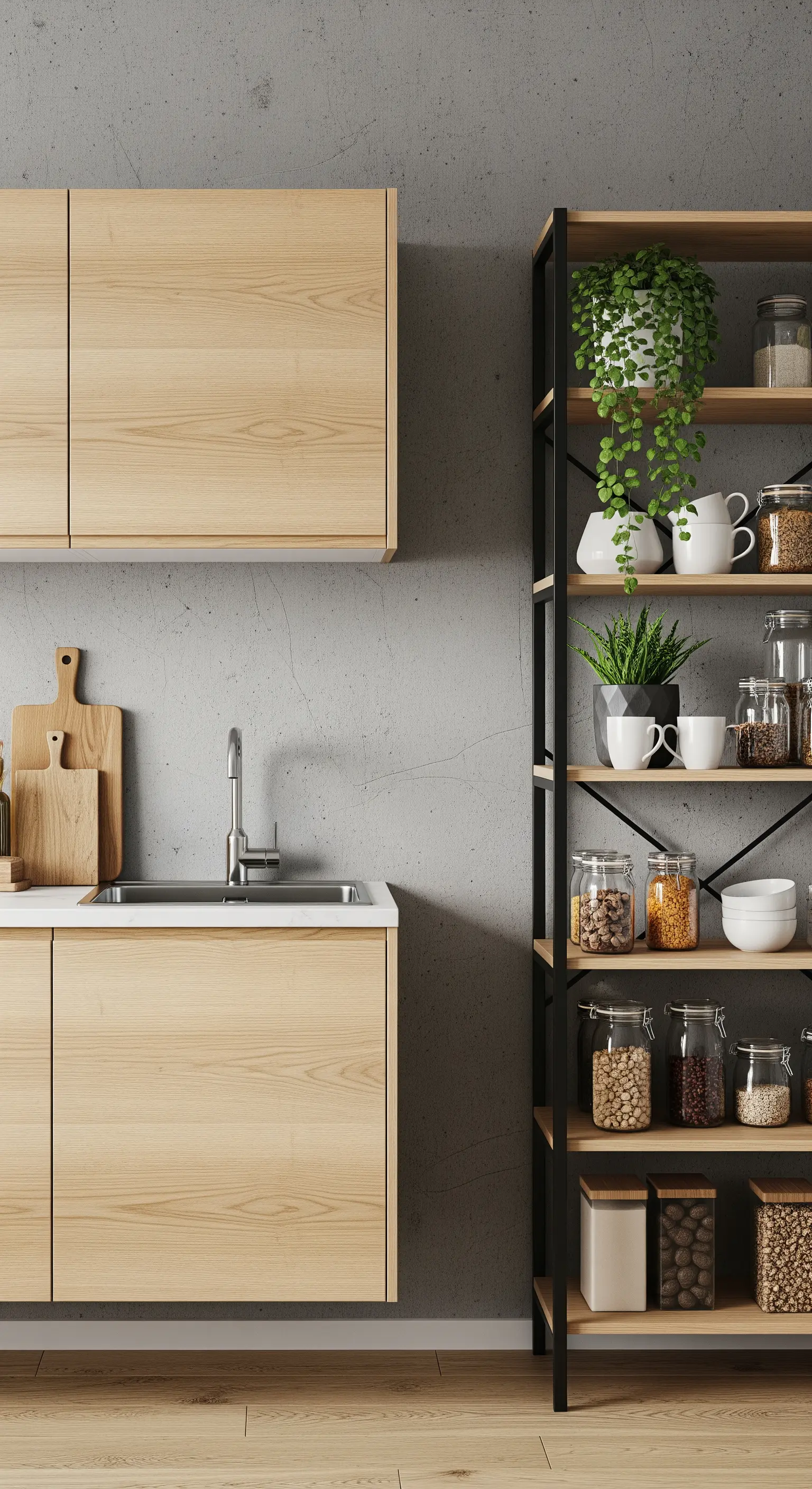 Cucina in legno chiaro con una scaffalatura industriale a giorno in metallo nero e legno.