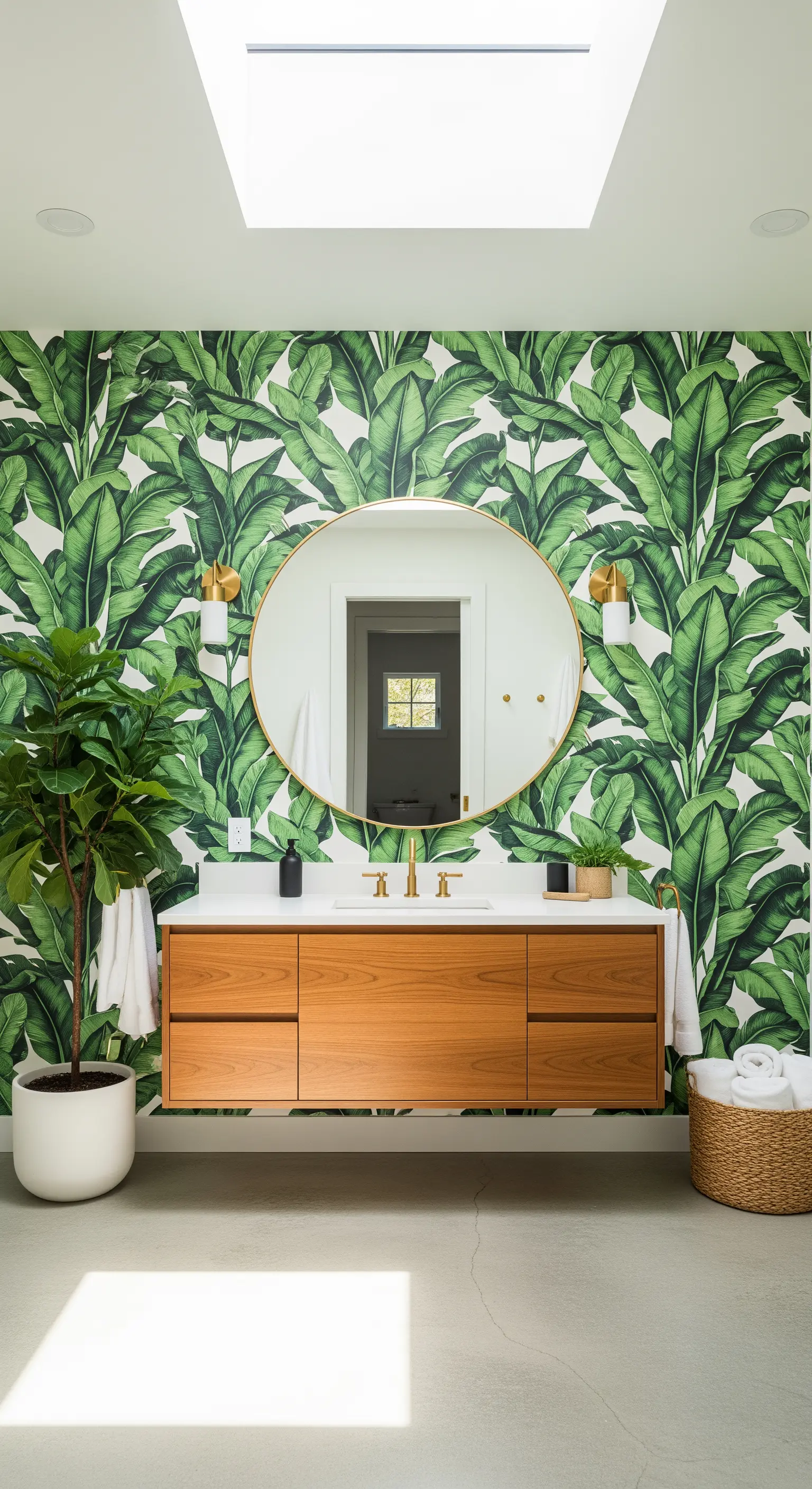 Bagno con carta da parati a foglie di banano, mobile in legno sospeso e specchio rotondo dorato.