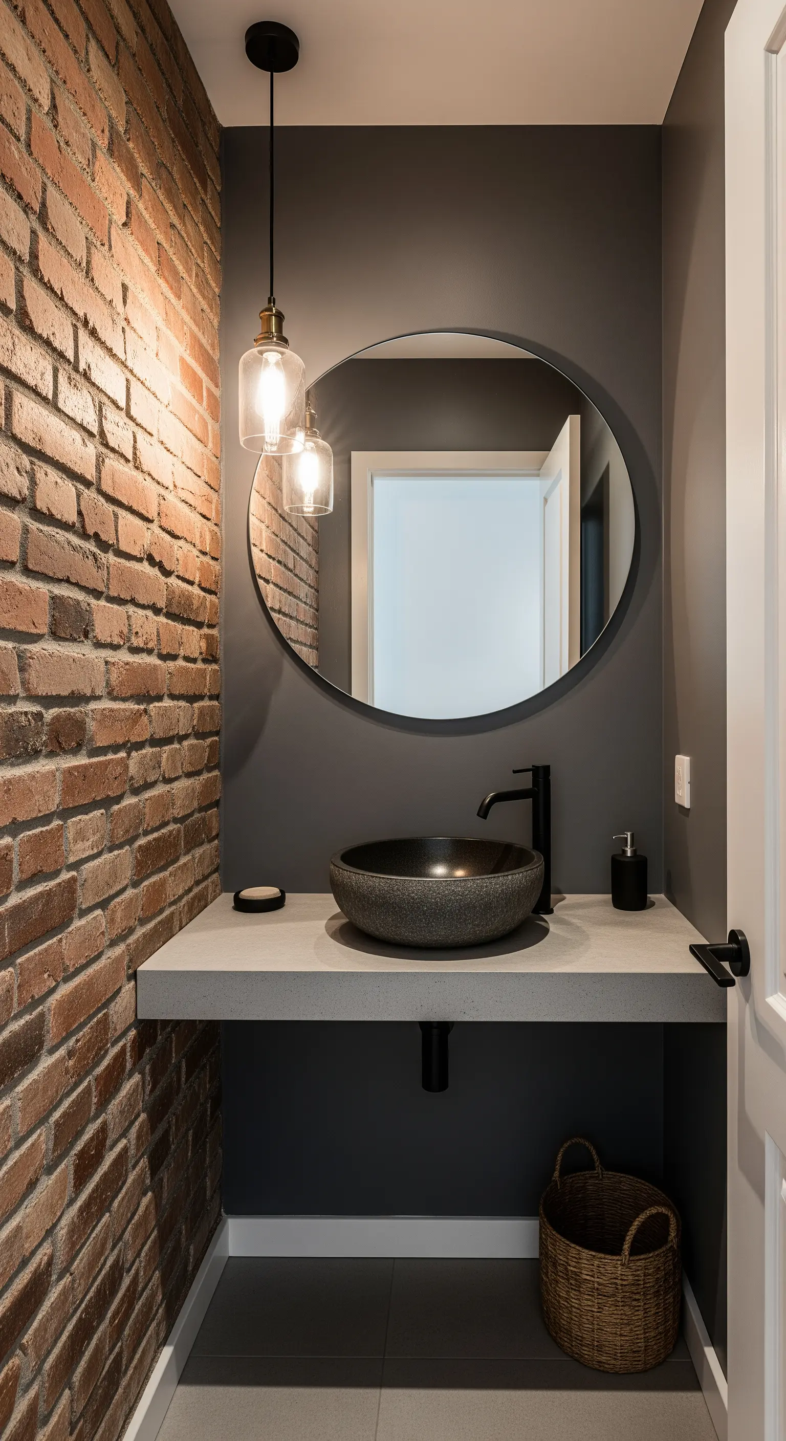 Piccolo bagno con parete in mattoni, lavabo in pietra e specchio rotondo.