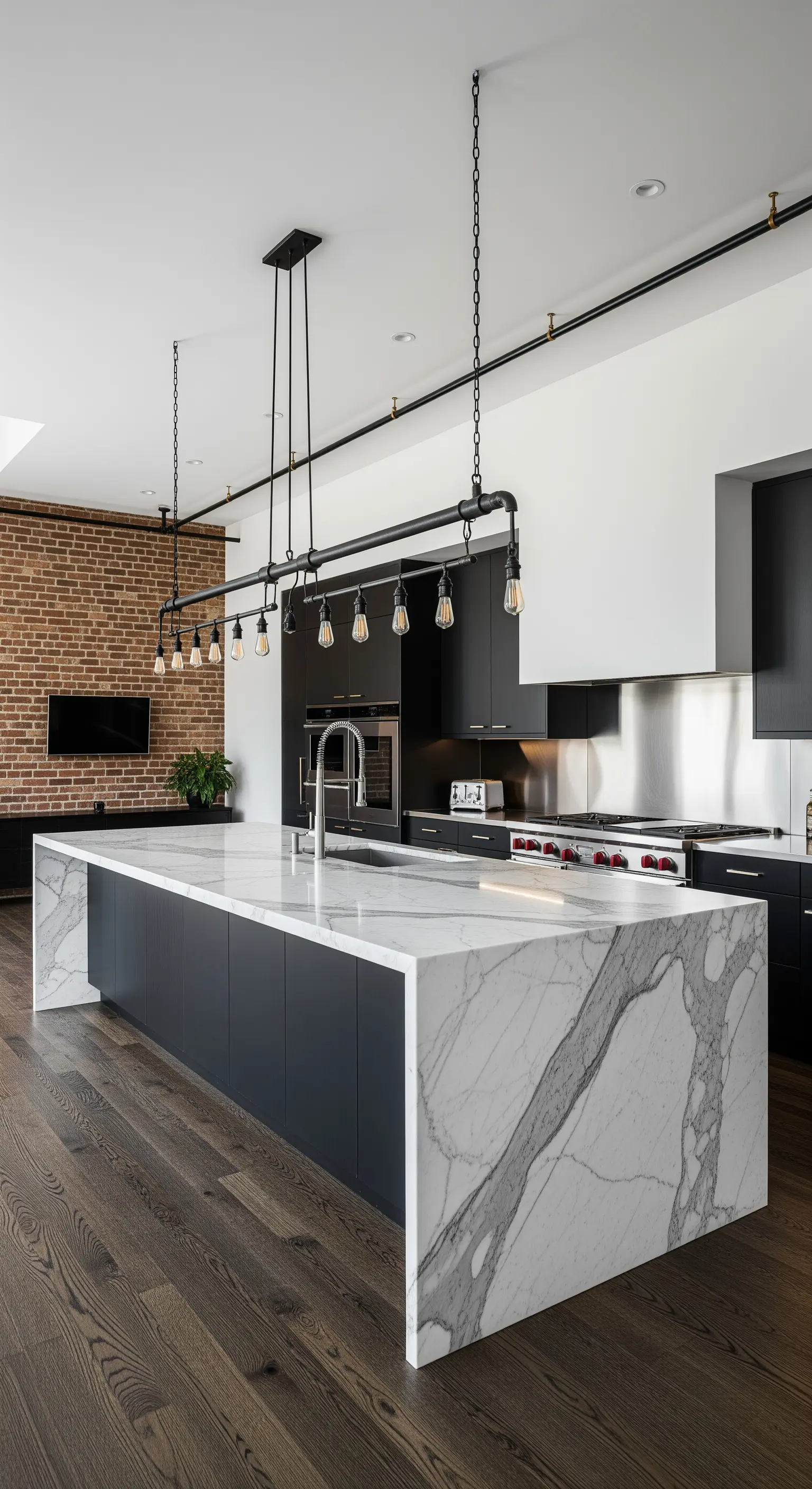 Cucina industrial con parete in mattoni, isola in marmo e illuminazione a binario.