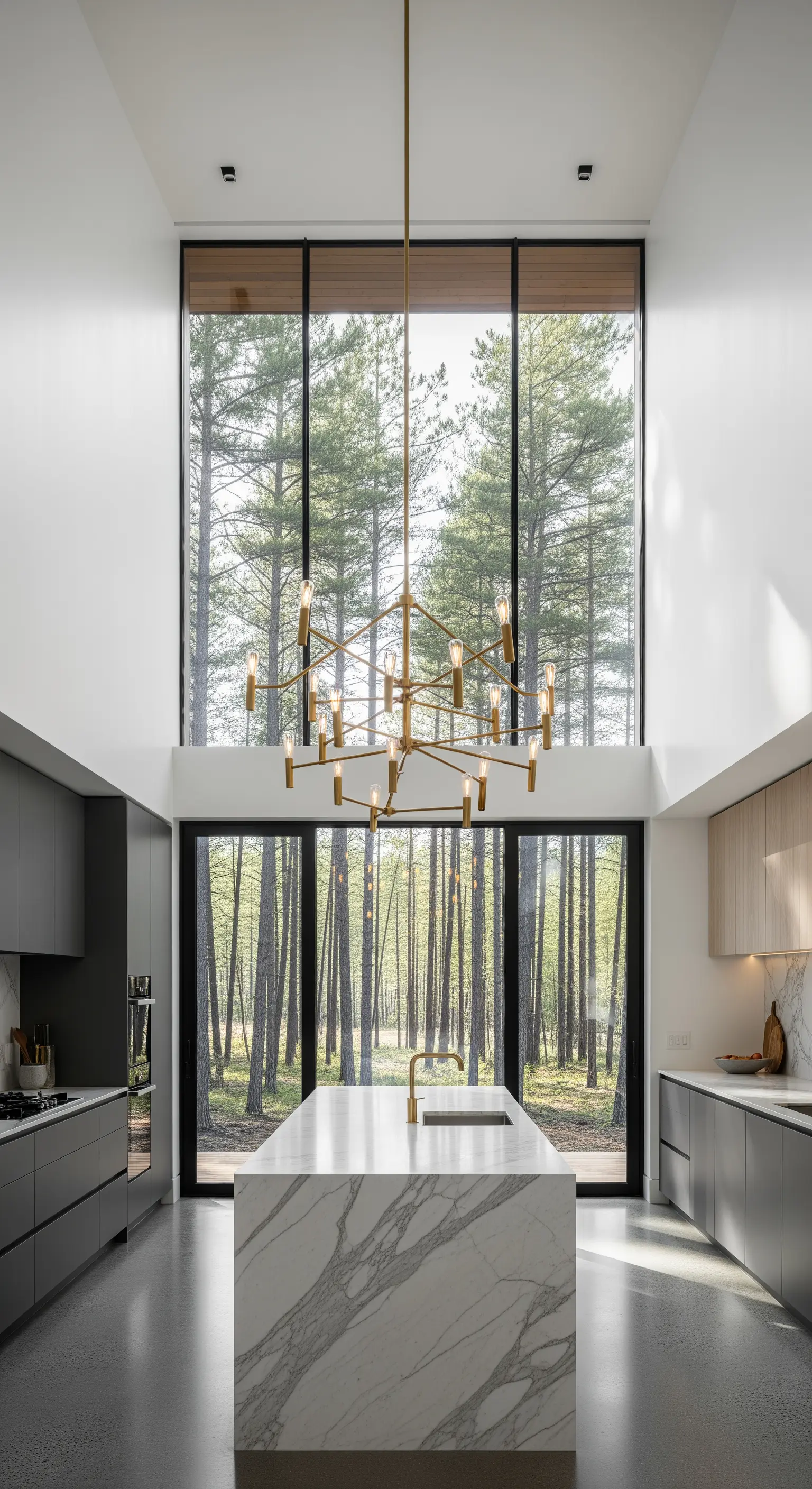 Cucina minimalista con soffitto a doppia altezza, lampadario dorato e vista sulla foresta