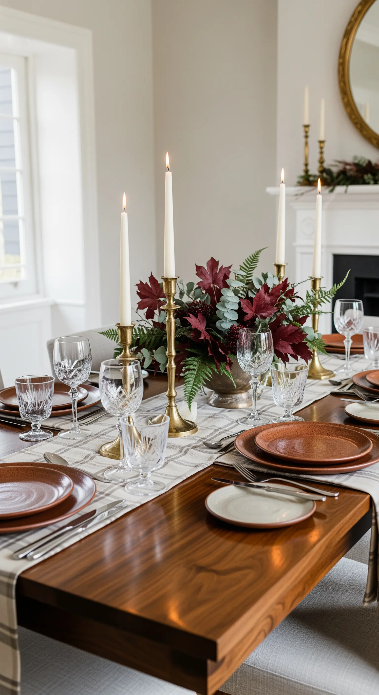 Tavola formale con runner a quadri neutri, piatti in terracotta e candelabri in ottone.