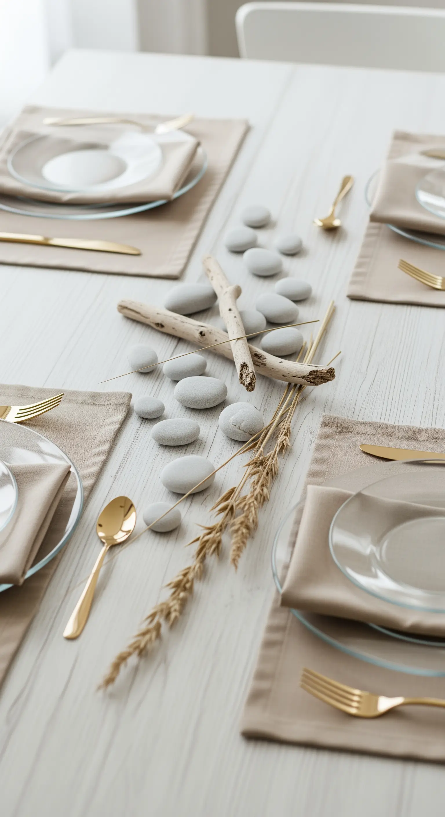 Centrotavola con sassi levigati, legni e posate dorate.