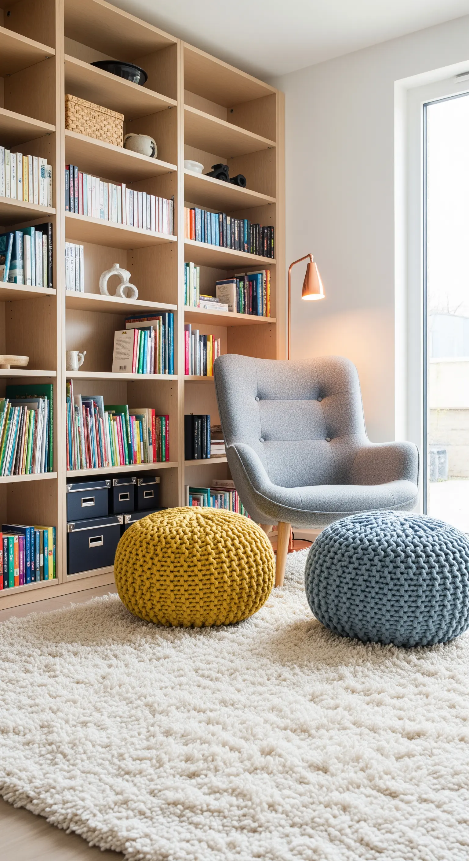 Angolo lettura con libreria in legno chiaro, poltrona grigia e due pouf colorati su tappeto shaggy.