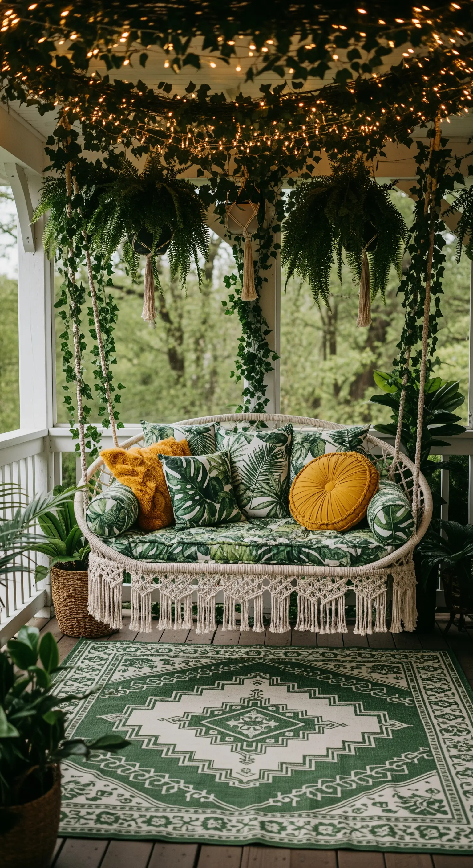 Dondolo da veranda con cuscini a stampa tropicale, tappeto verde e piante sospese.