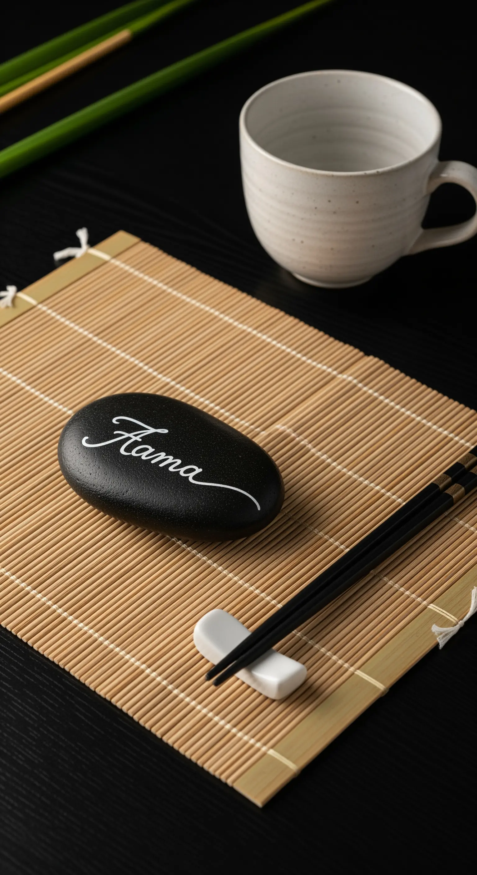 Posto tavola in stile zen con tovaglietta in bambù e sasso nero con nome calligrafato