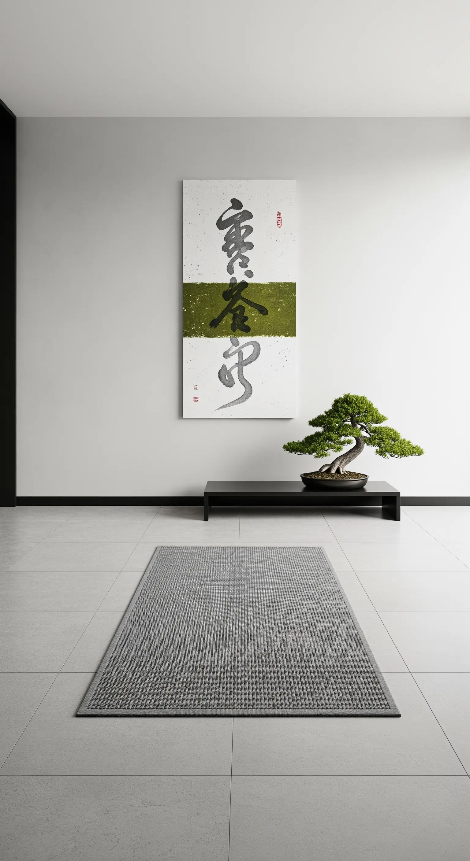 Ingresso minimalista zen con quadro calligrafico, tappeto a righe e un bonsai.