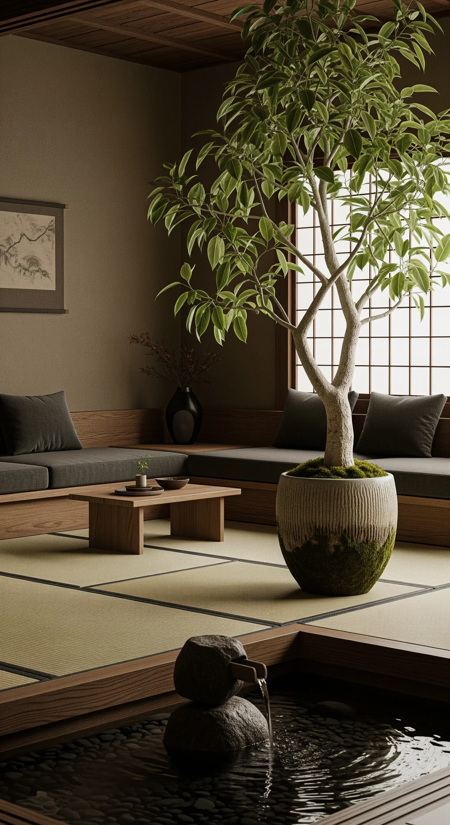 Un Ficus in un vaso di ceramica in un soggiorno in stile giapponese con tatami e una fontana.