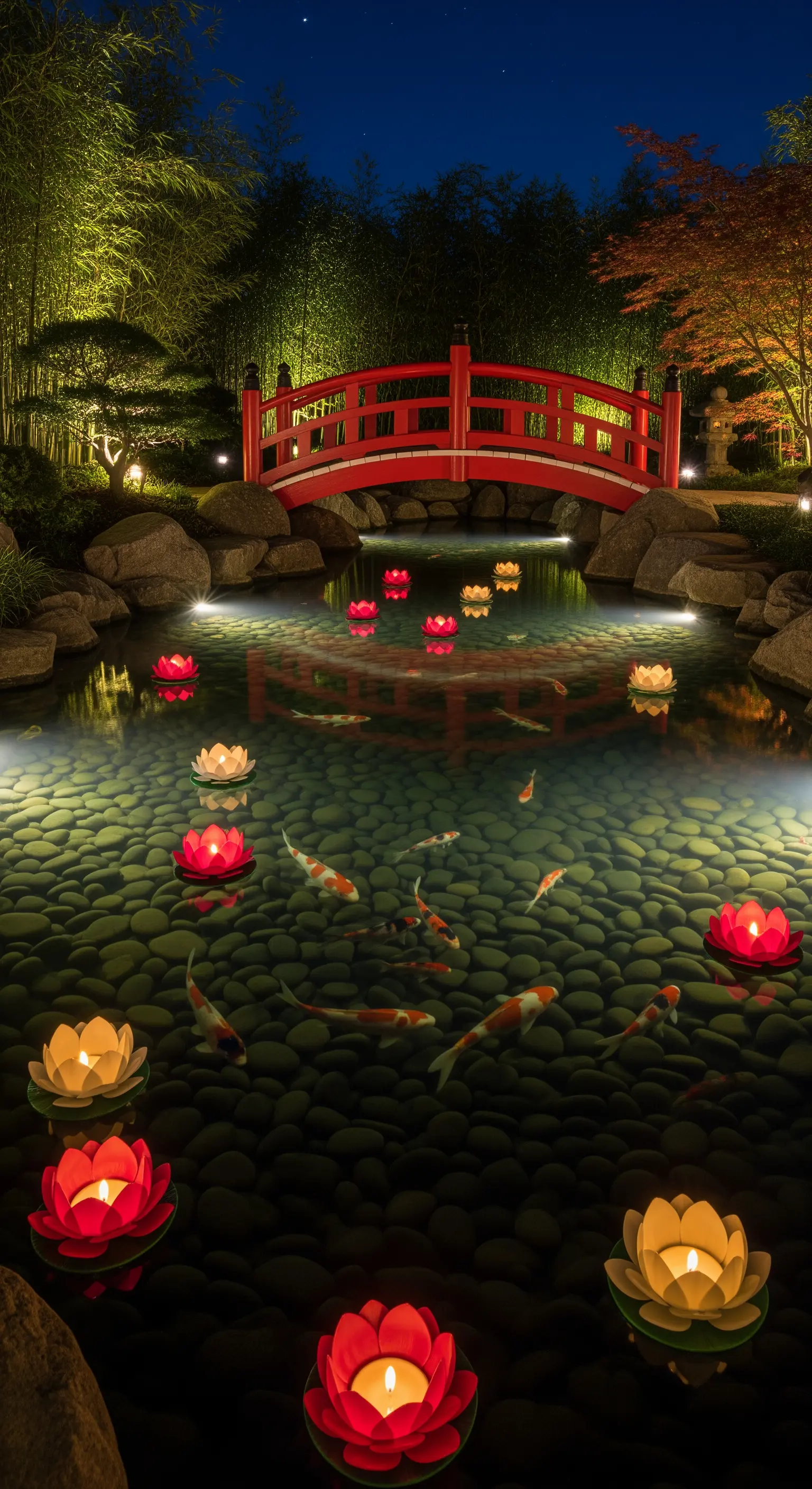 Laghetto giapponese con ponte rosso, carpe koi e fiori di loto luminosi sull'acqua.