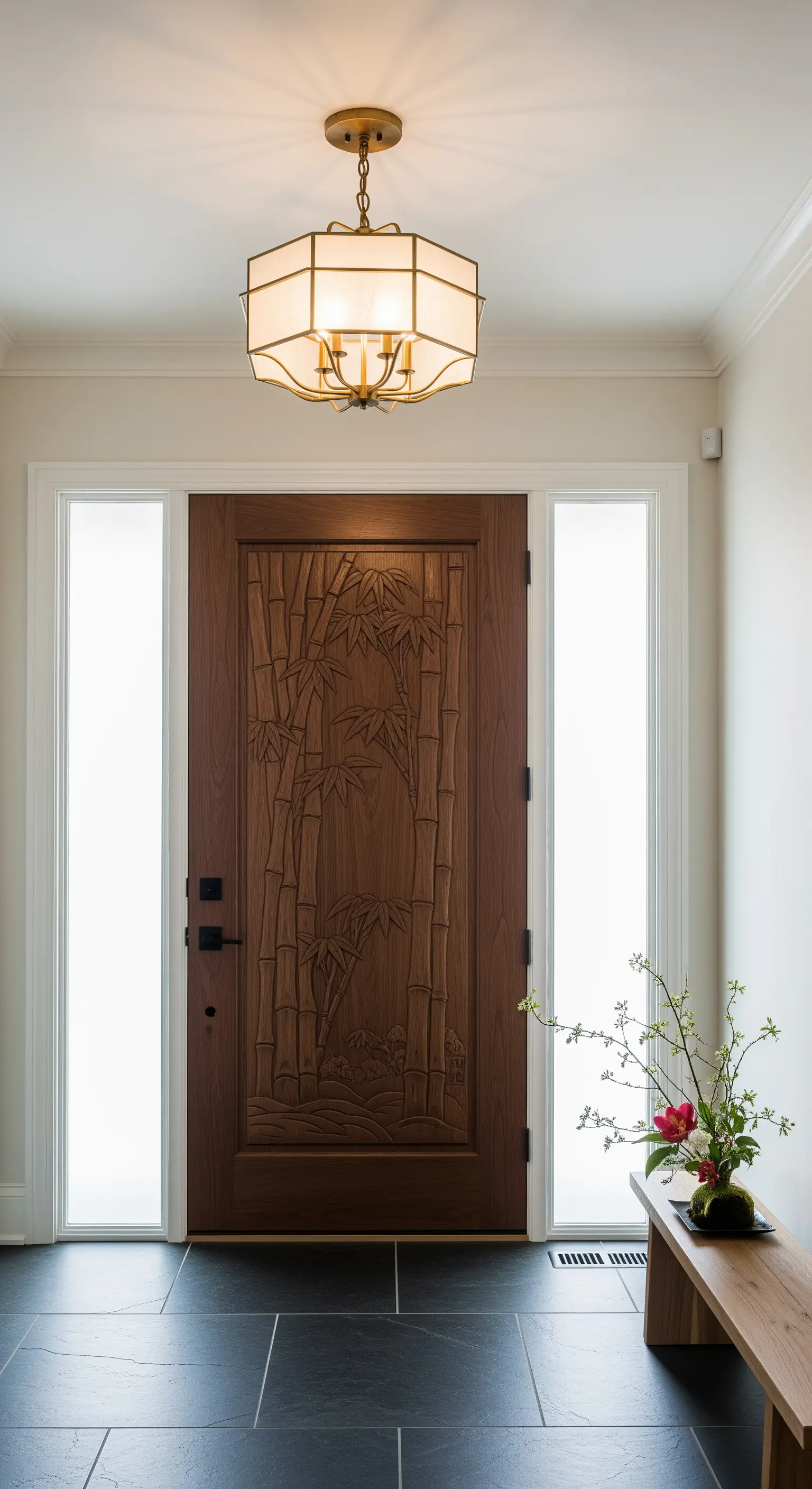 Ingresso di ispirazione asiatica con porta intagliata a motivo bambù e pavimento in ardesia.