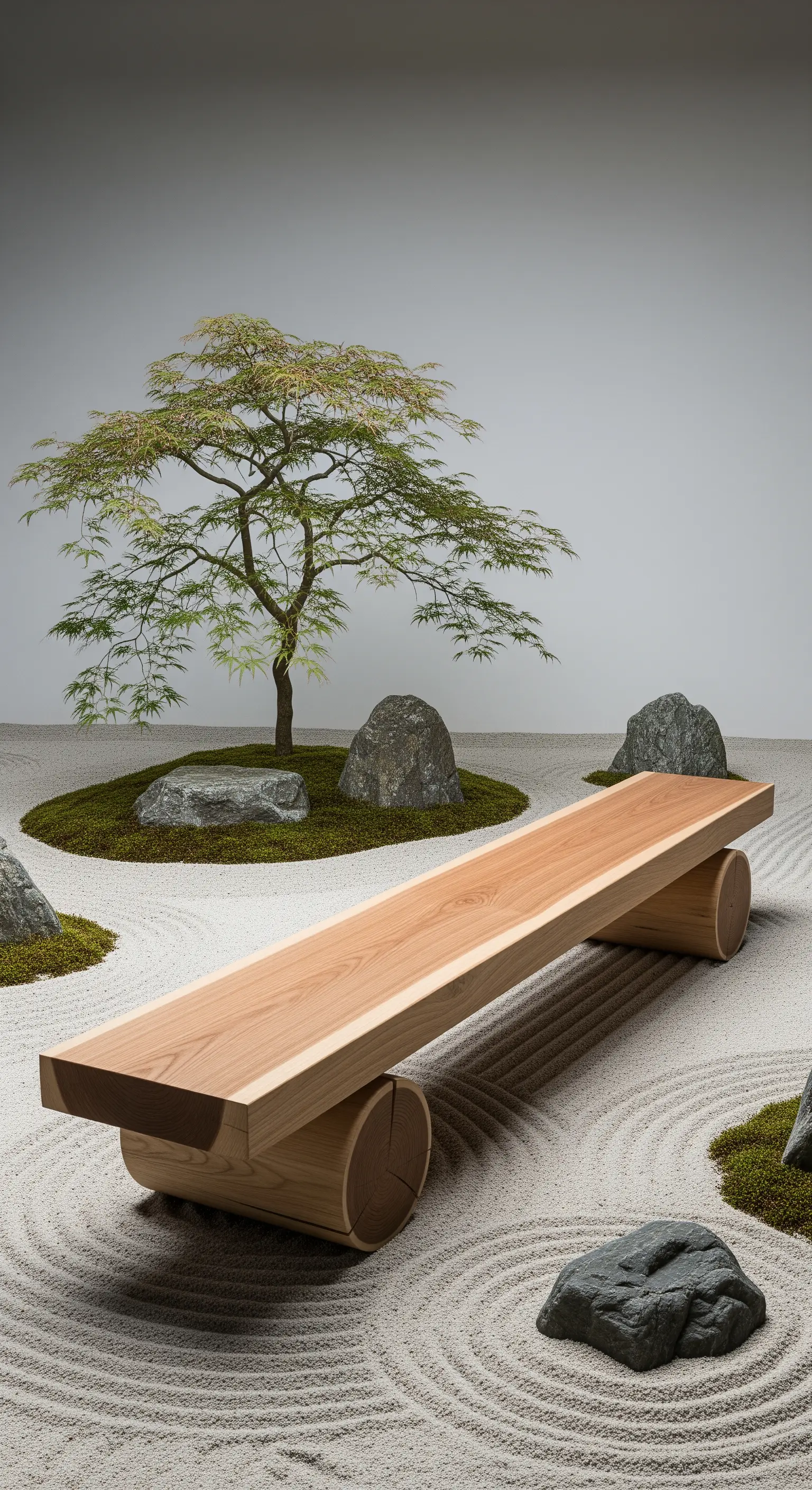 Panca minimalista in legno chiaro su supporti cilindrici, collocata in un giardino zen con sabbia e rocce.