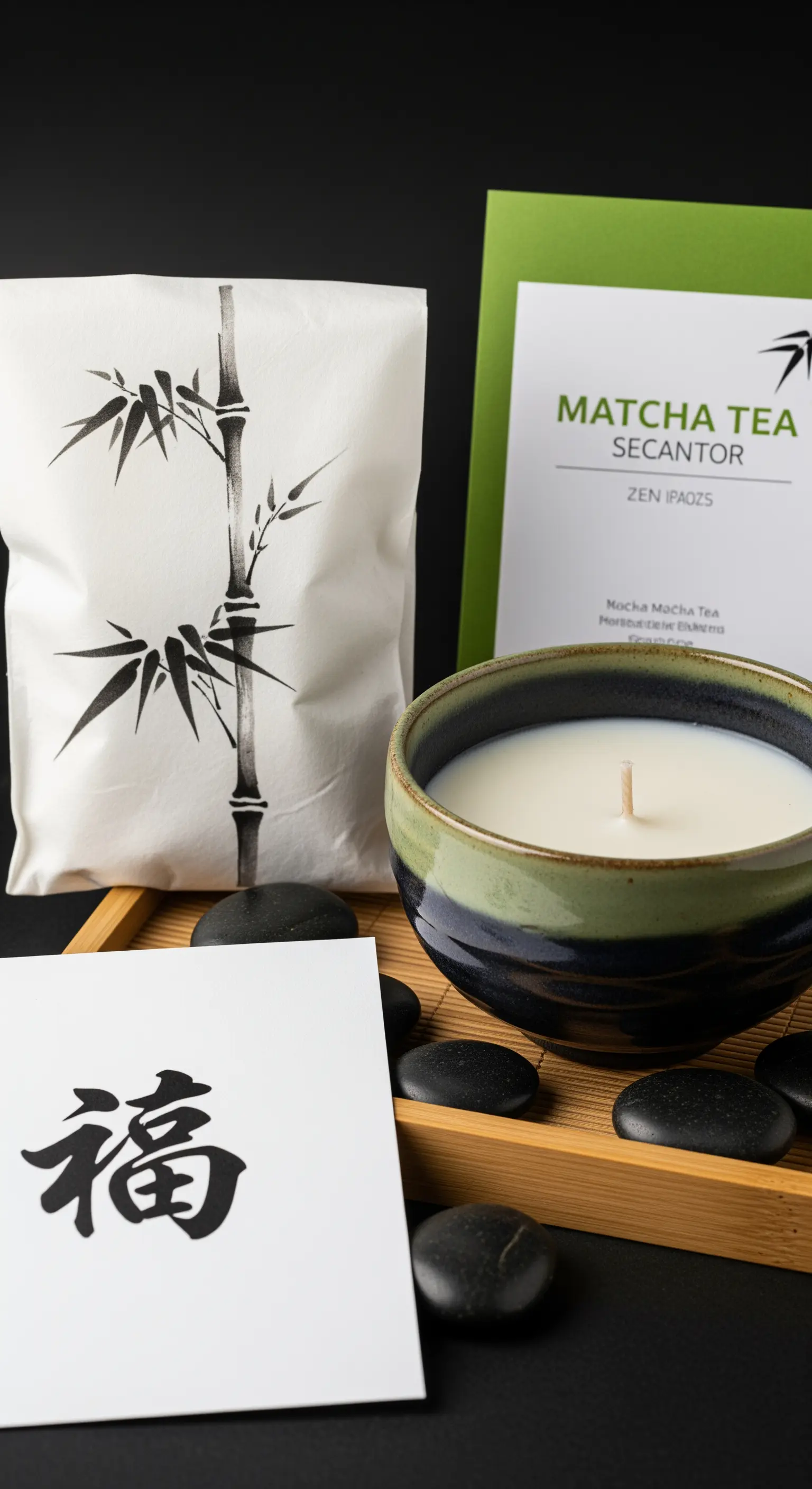 Set regalo in stile zen con candela al tè matcha, bustina con bambù e pietre nere levigate.