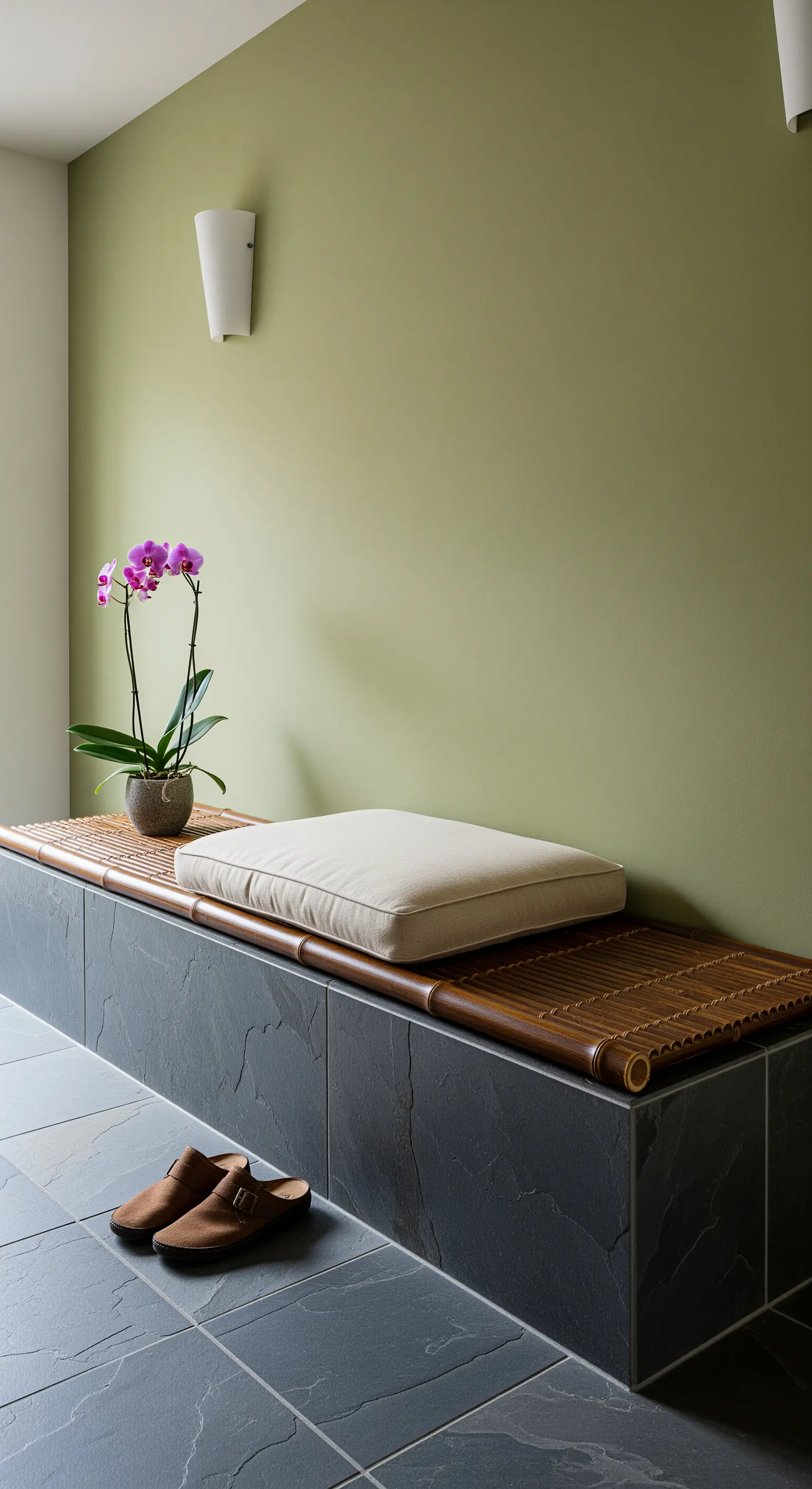 Panca bassa con base in ardesia scura e seduta in bambù, su una parete verde salvia.