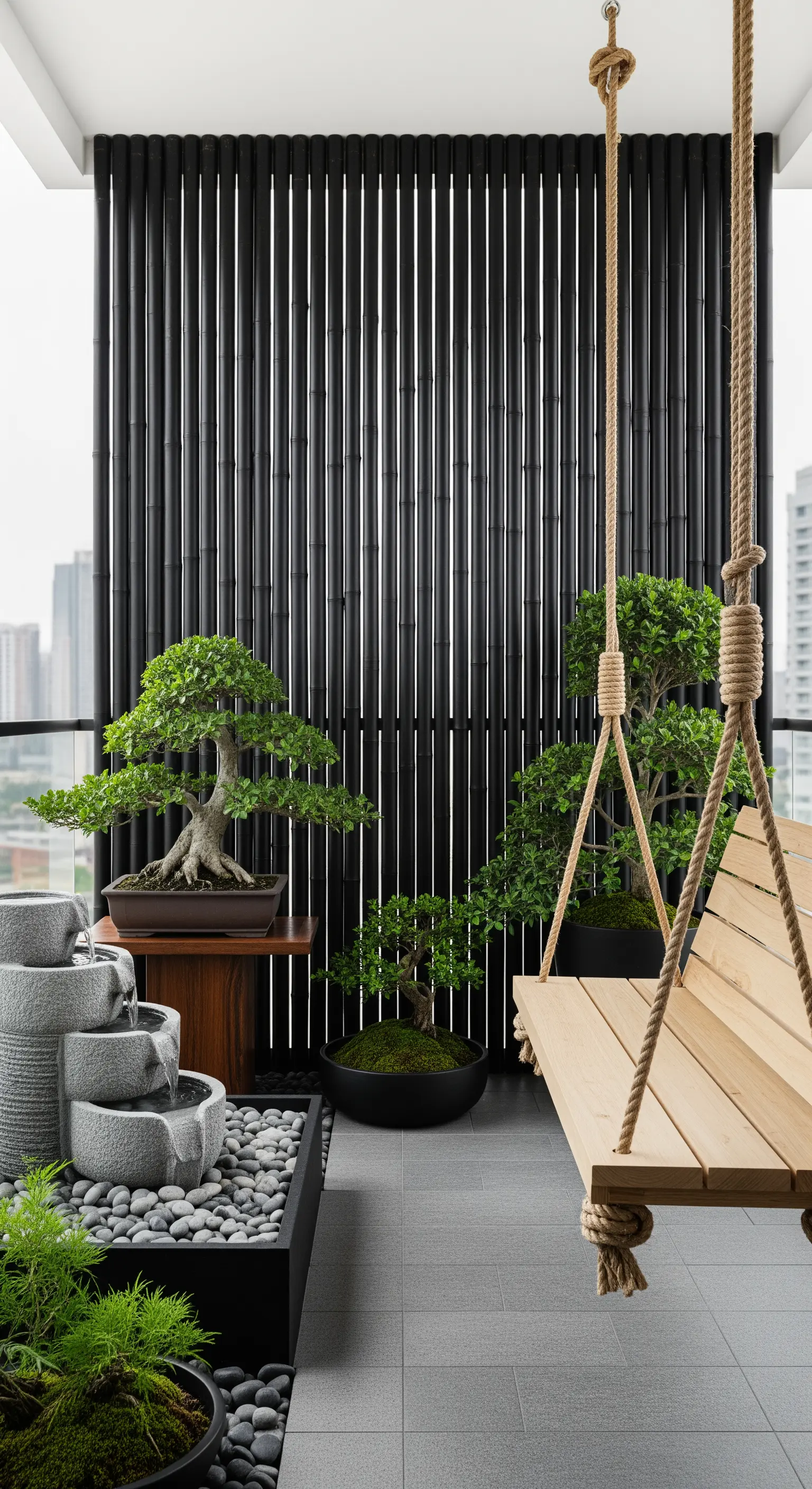 Balcone in stile zen con parete di bambù nero, dondolo in legno e bonsai.