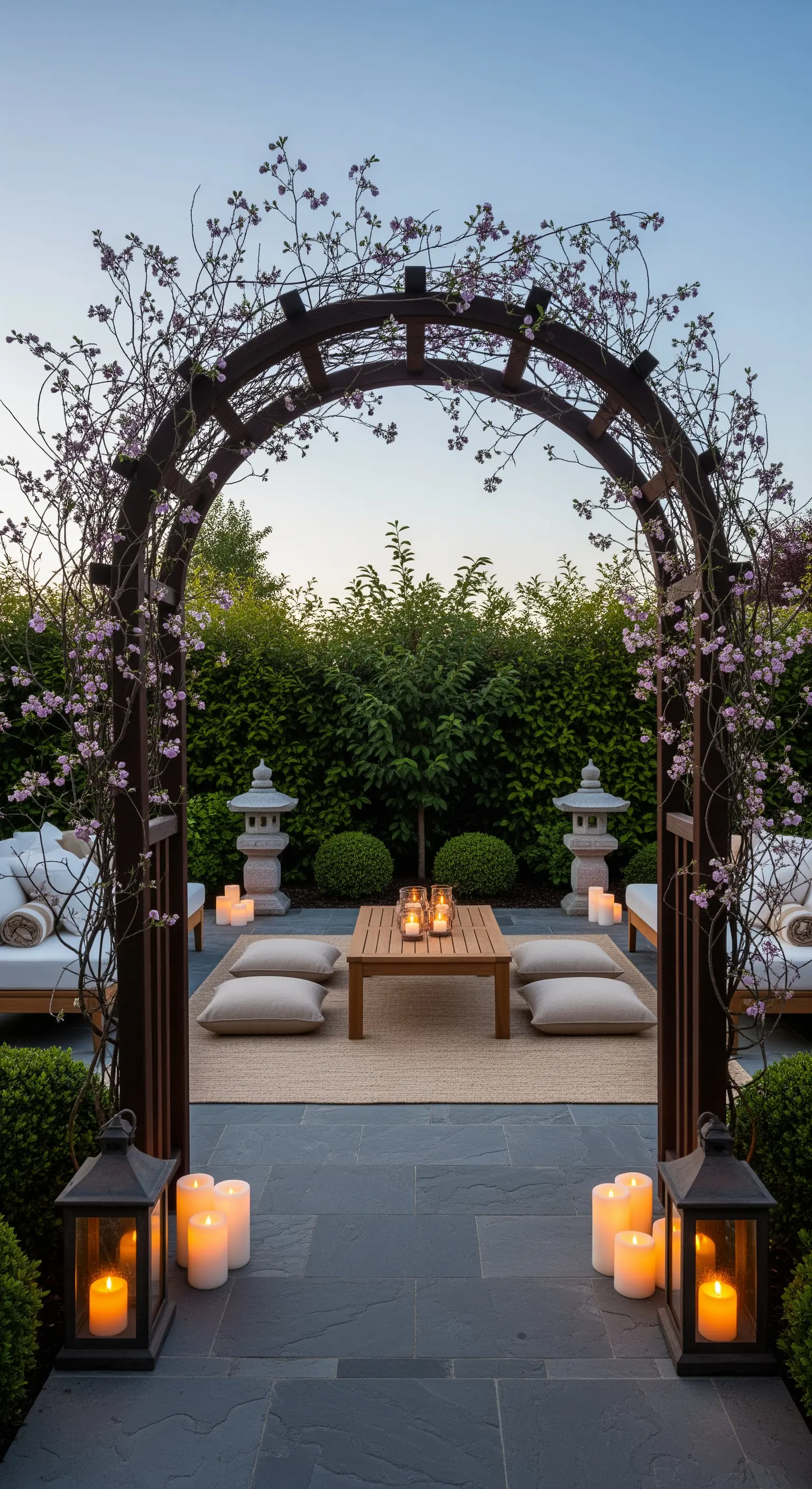 Patio zen con arco in legno scuro, cuscini a terra e lanterne giapponesi in pietra.