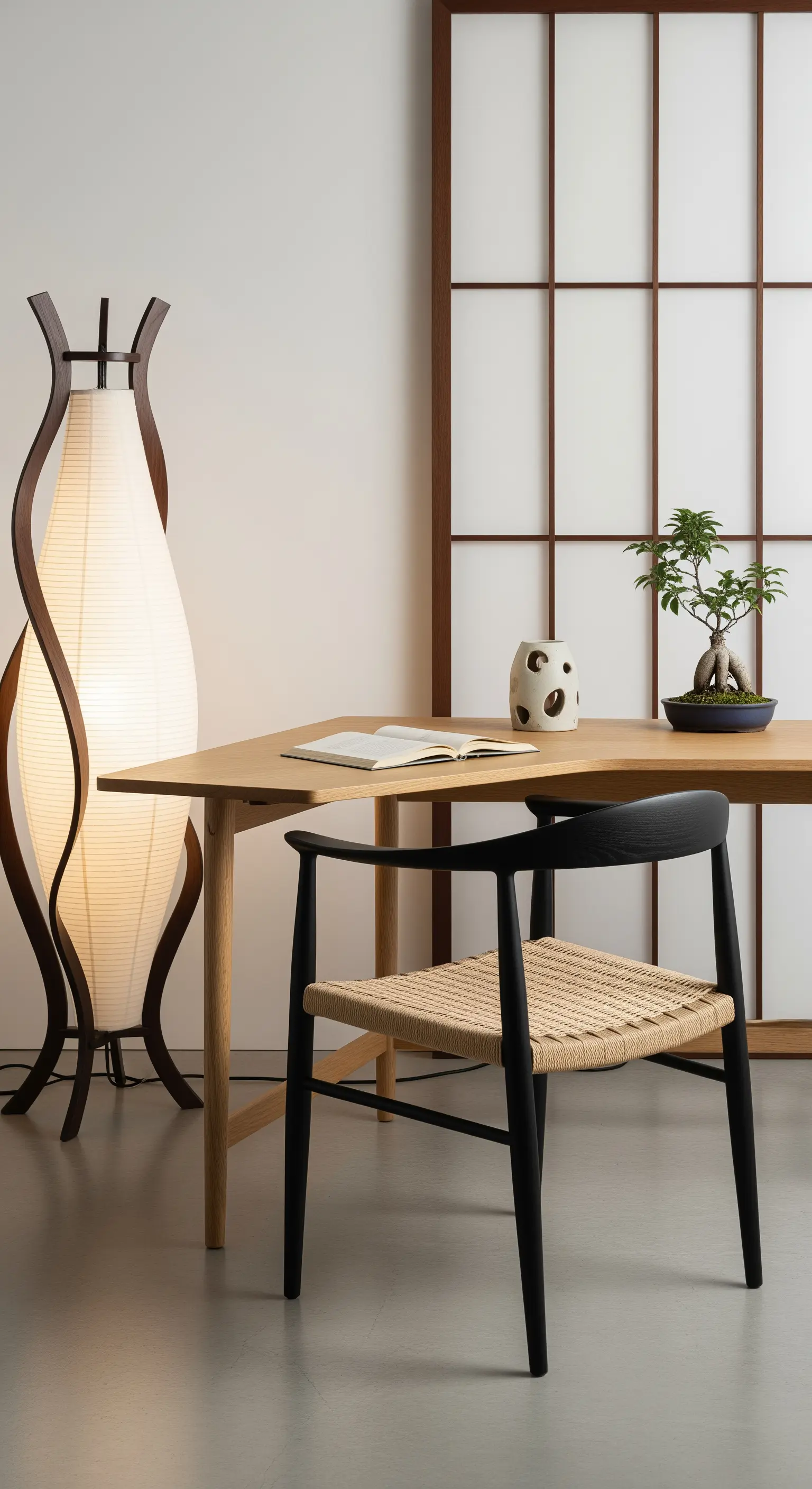 Scrivania in legno chiaro con sedia nera intrecciata e lampada da terra in carta di riso.