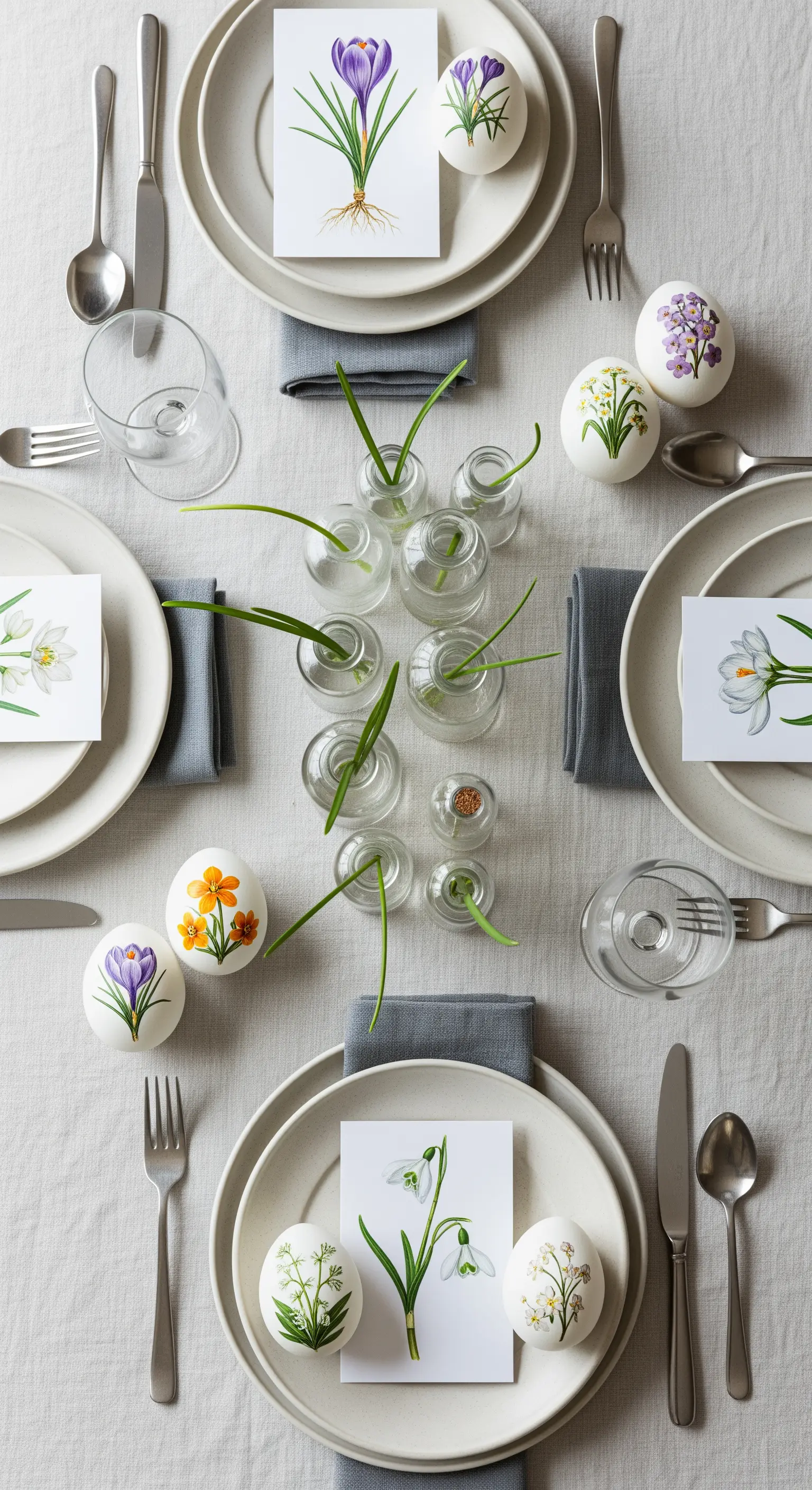 Tavola pasquale a tema botanico con uova e cartoline illustrate con fiori primaverili.