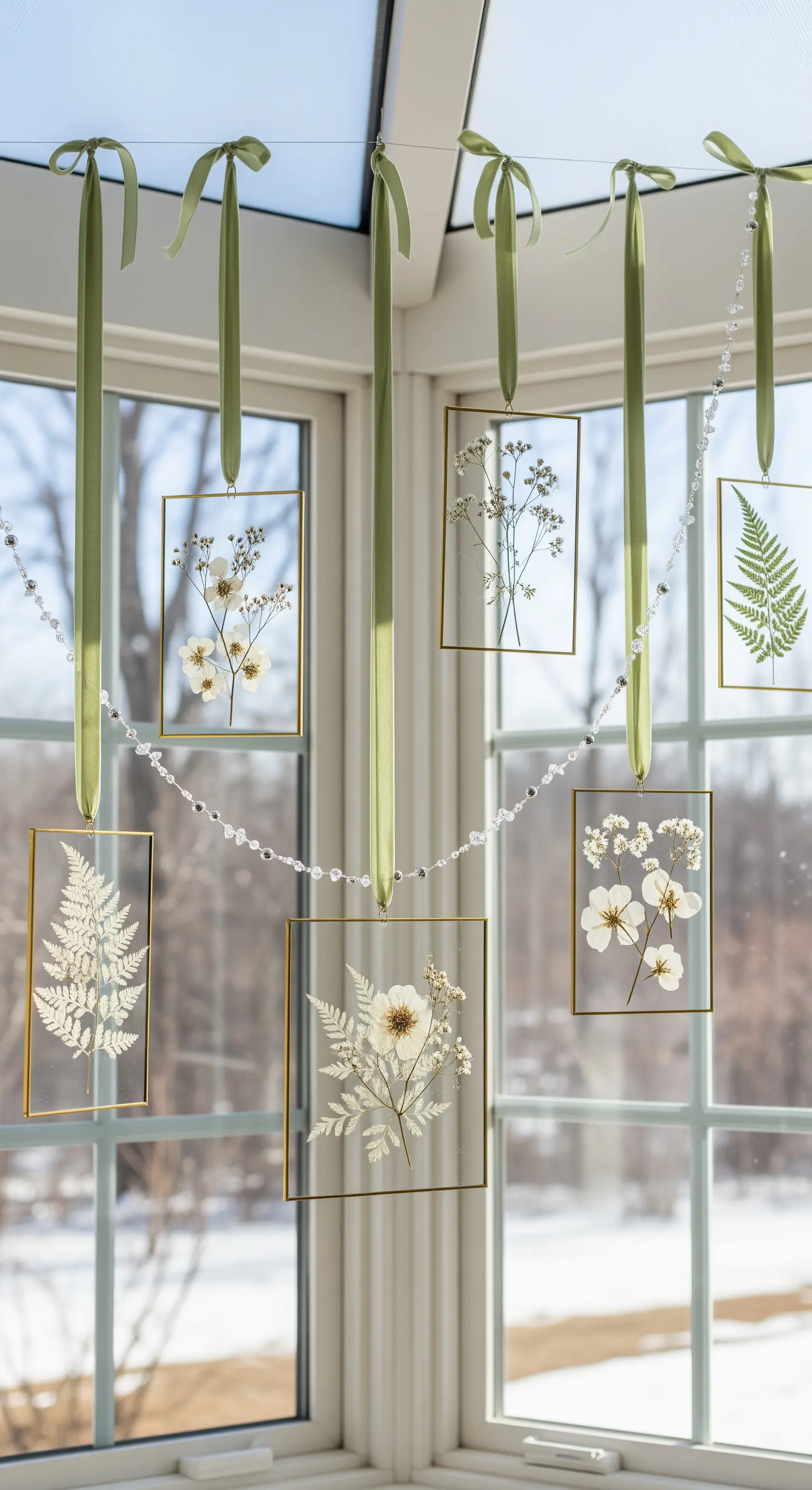 Fiori pressati in cornici di vetro appesi a una finestra con nastri verdi.