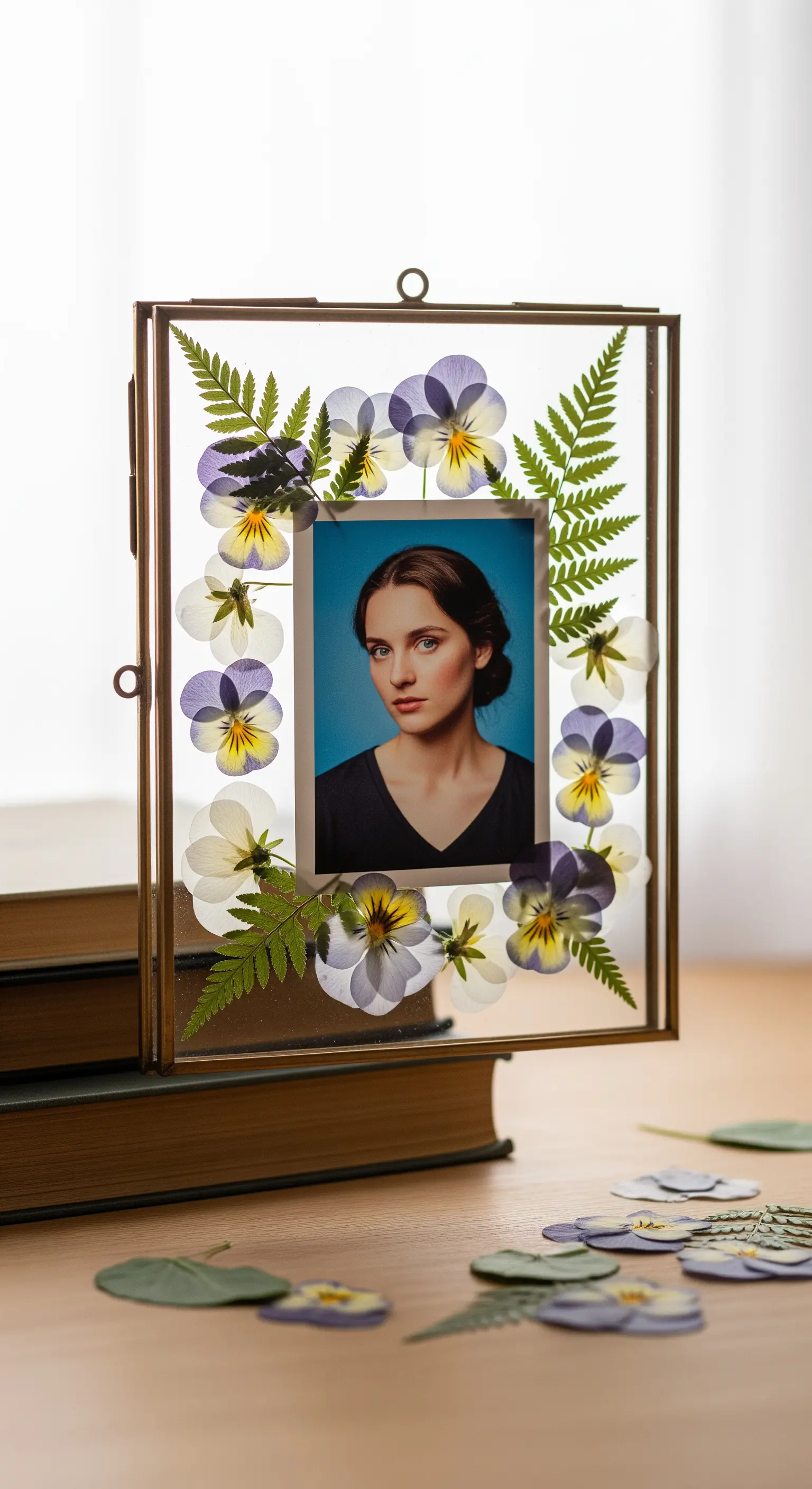 Ritratto fotografico in cornice a teca in vetro e ottone, circondato da fiori pressati.