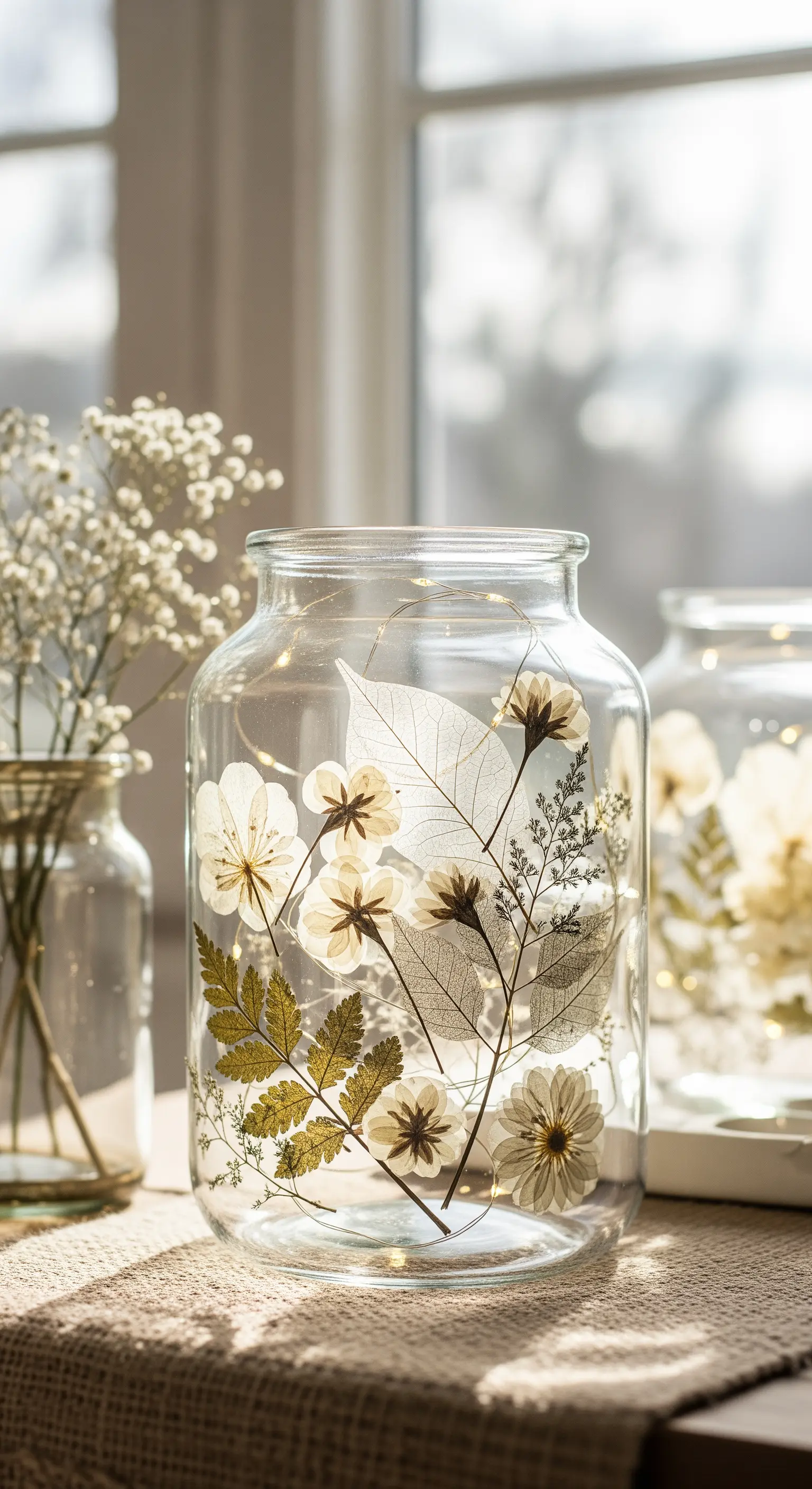 Barattolo di vetro decorato internamente con fiori e foglie pressate, illuminato da lucine.