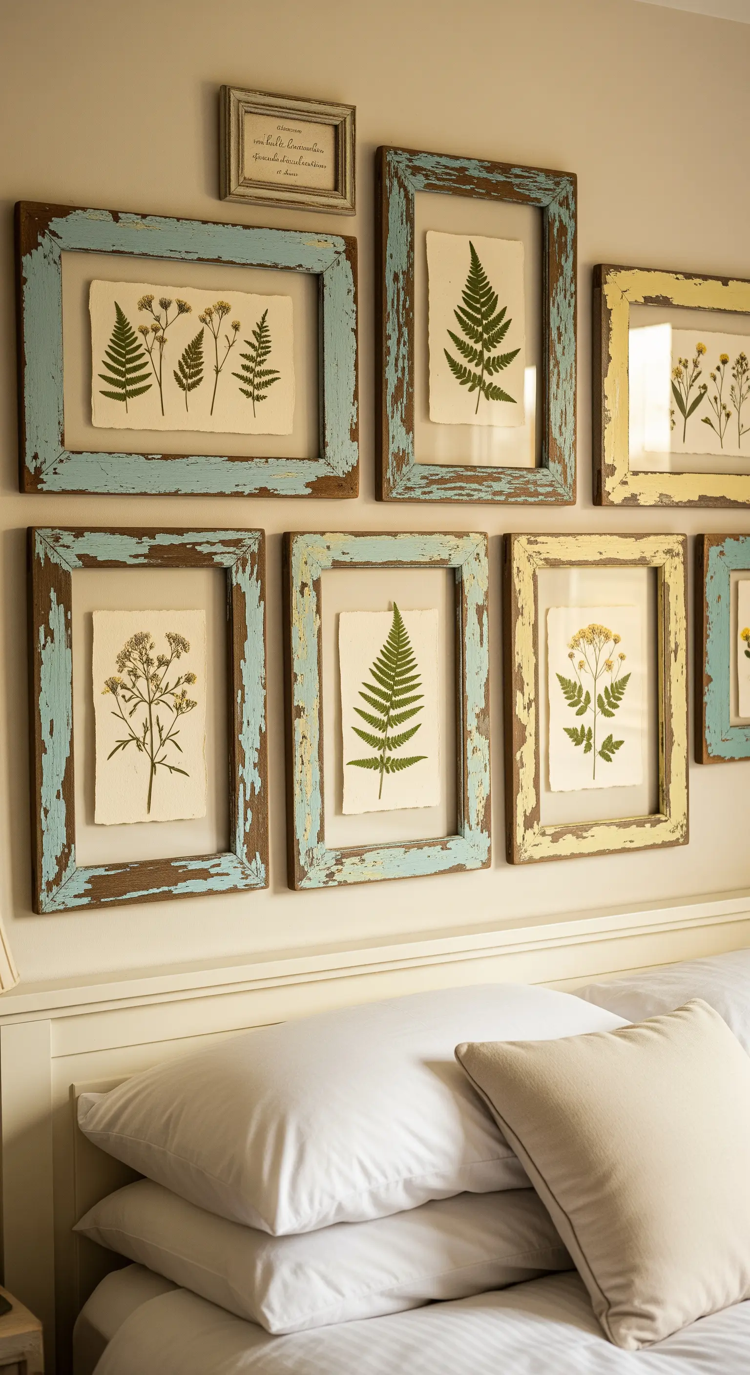 Cornici di legno riciclato con finitura scrostata azzurra e gialla che incorniciano felci pressate.