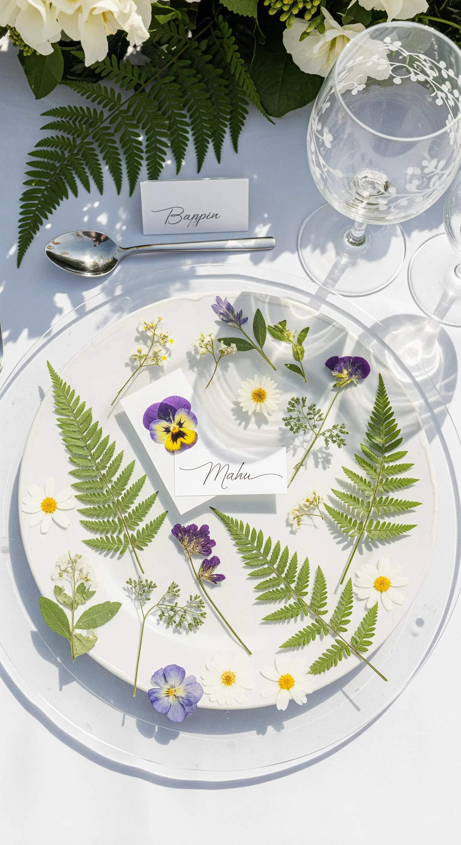 Piatto decorato con fiori e foglie pressate, come un erbario, per una tavola primaverile