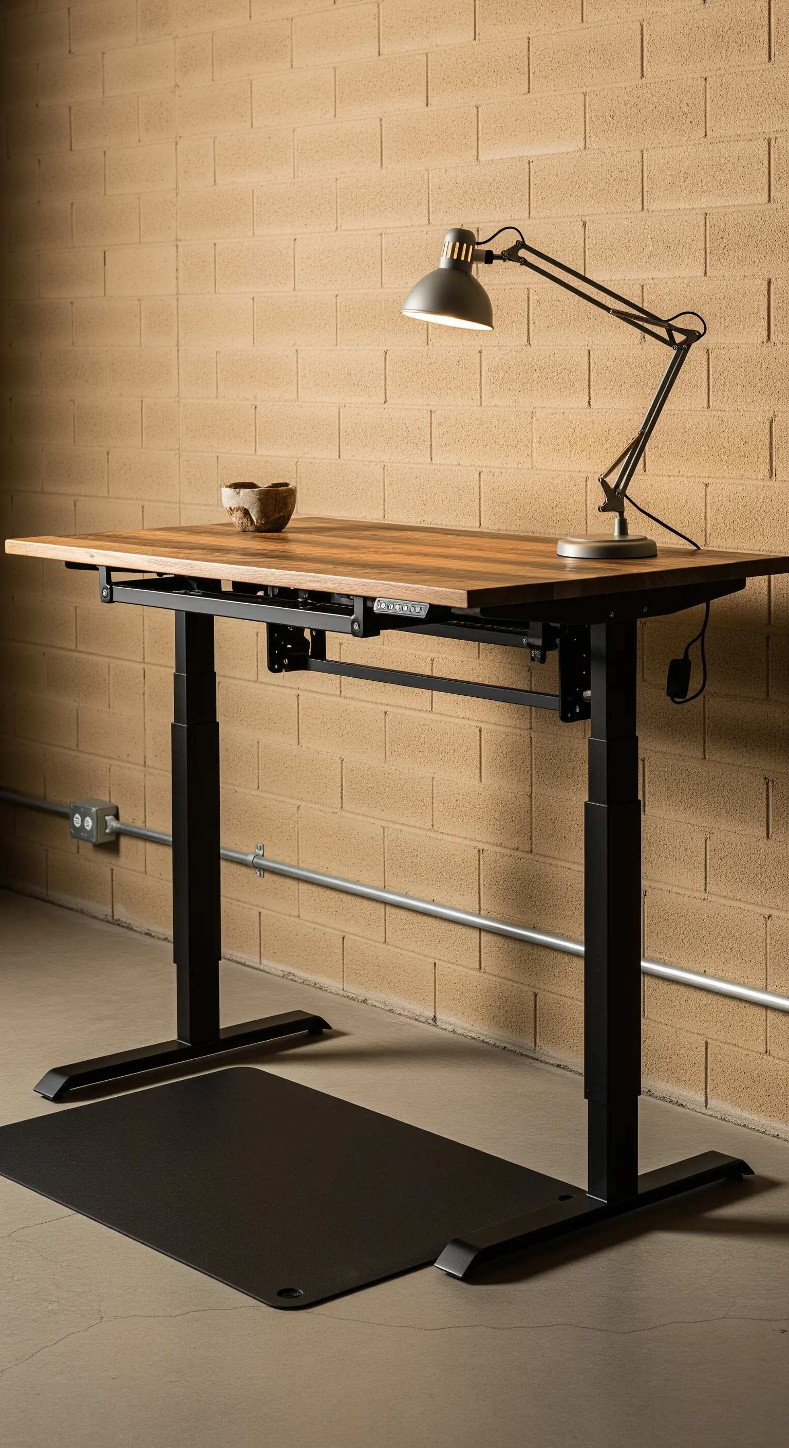 Scrivania regolabile in altezza con piano in legno e base nera su sfondo di mattoni.