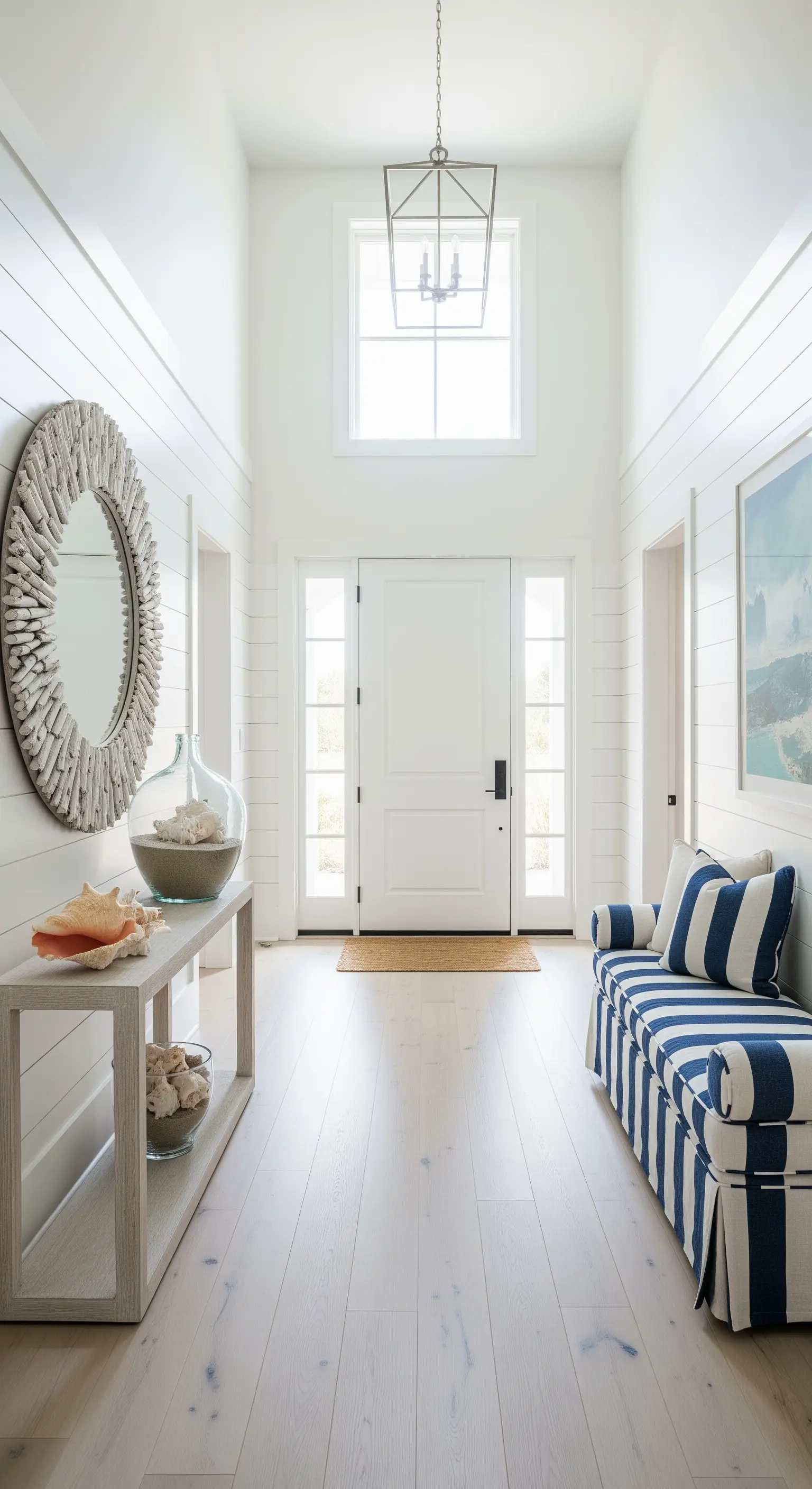 Ingresso luminoso con soffitto alto, pareti a listelli bianchi e panca a righe blu.