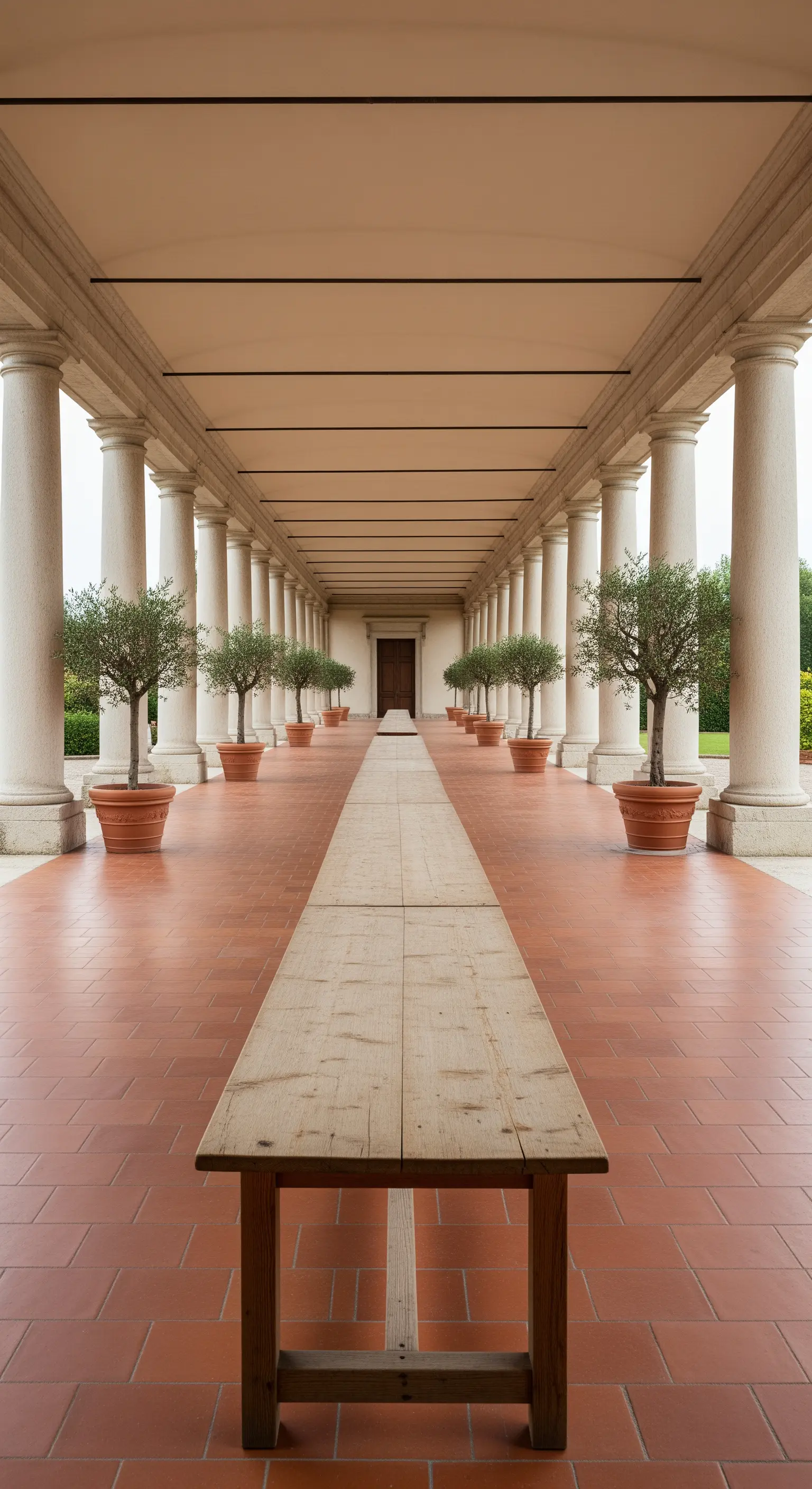 Lunghissimo portico con colonne e un unico tavolo stretto che ne percorre tutta la lunghezza.