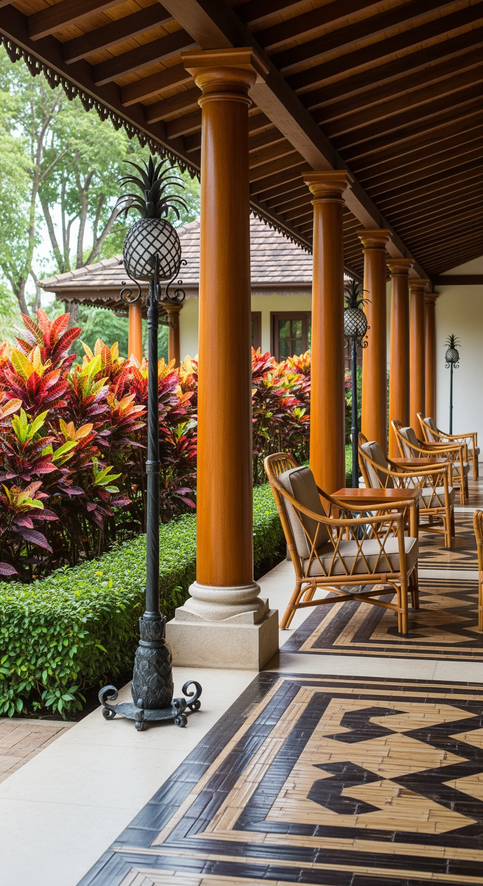 Portico in stile coloniale con colonne in legno, piante di croton e pavimento a motivi.