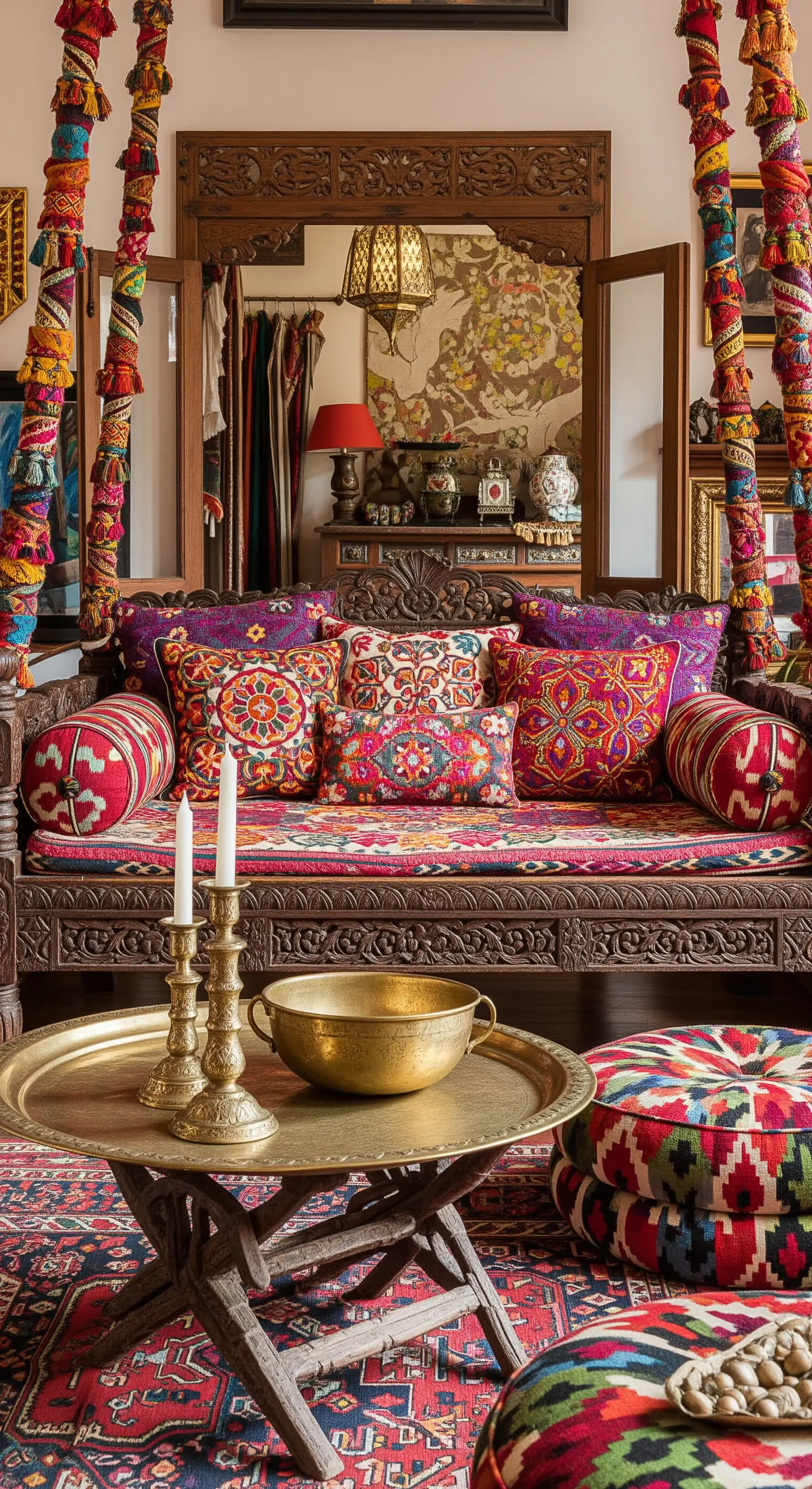 Dondolo indiano in legno intagliato con cuscini e tessuti coloratissimi in un salotto eclettico.