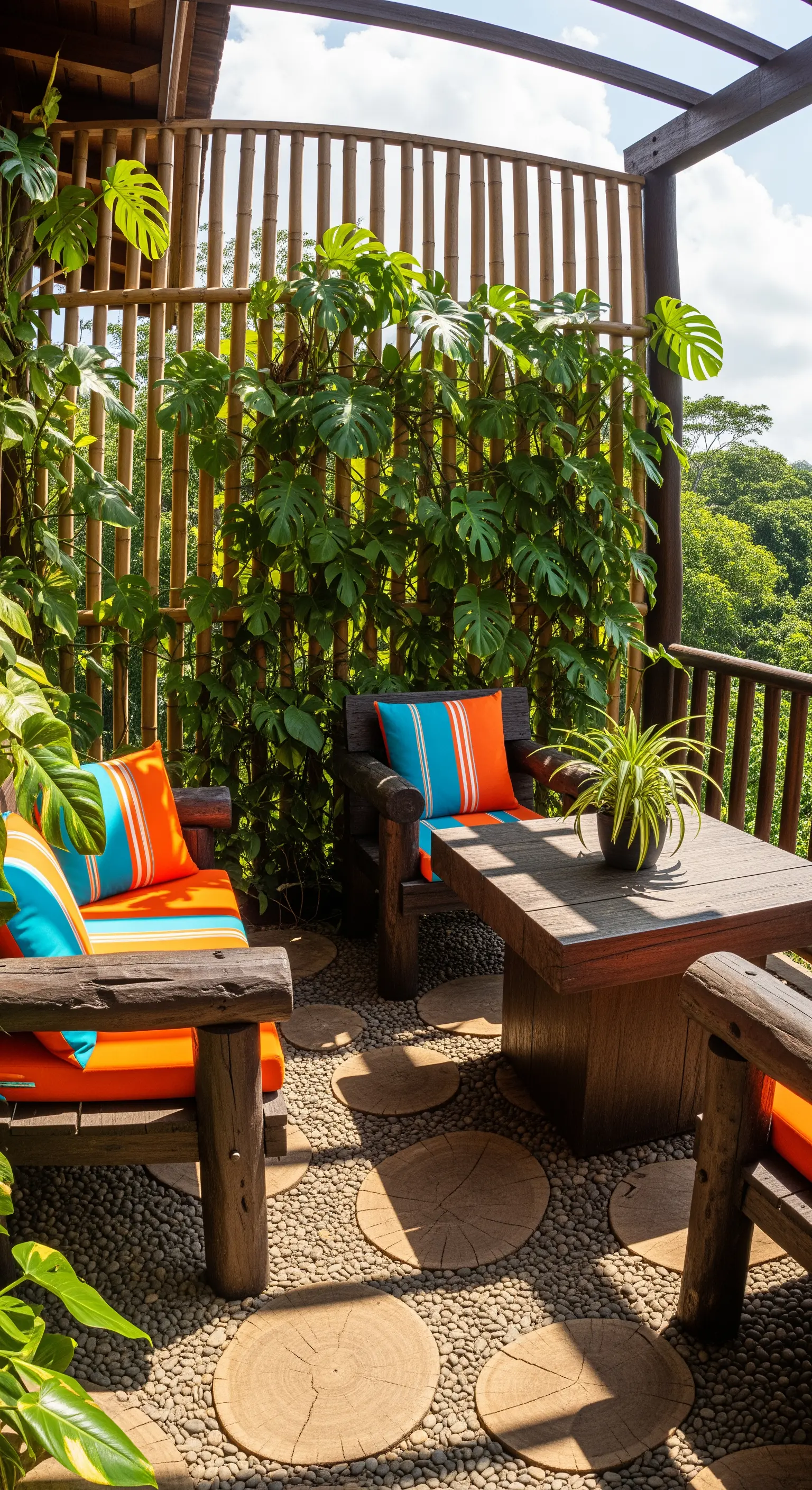 Arredi massicci in legno scuro con cuscini colorati e una parete di bambù in un balcone tropicale.