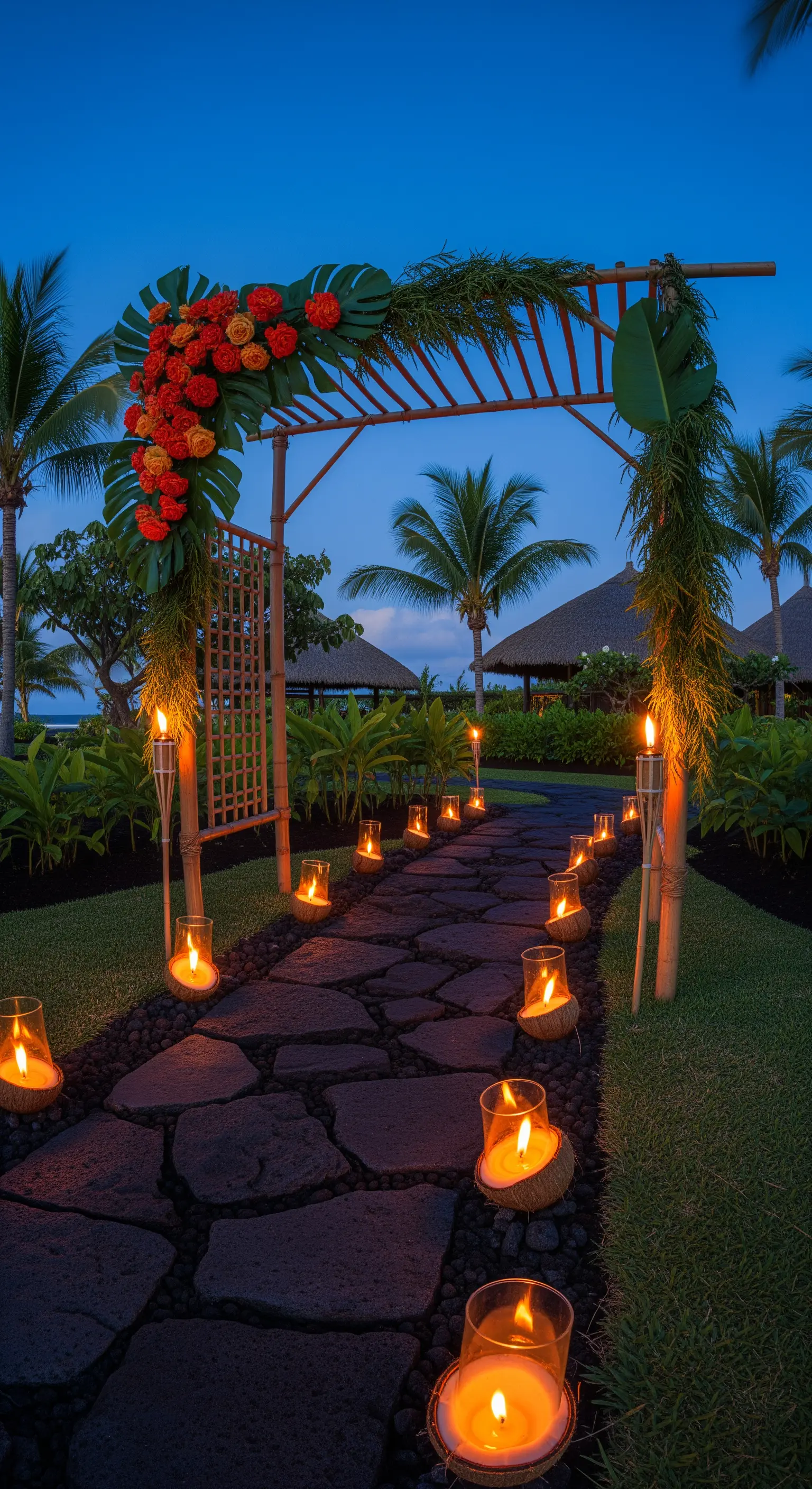 Arco di bambù con foglie tropicali e fiori arancioni, illuminato da torce e candele.